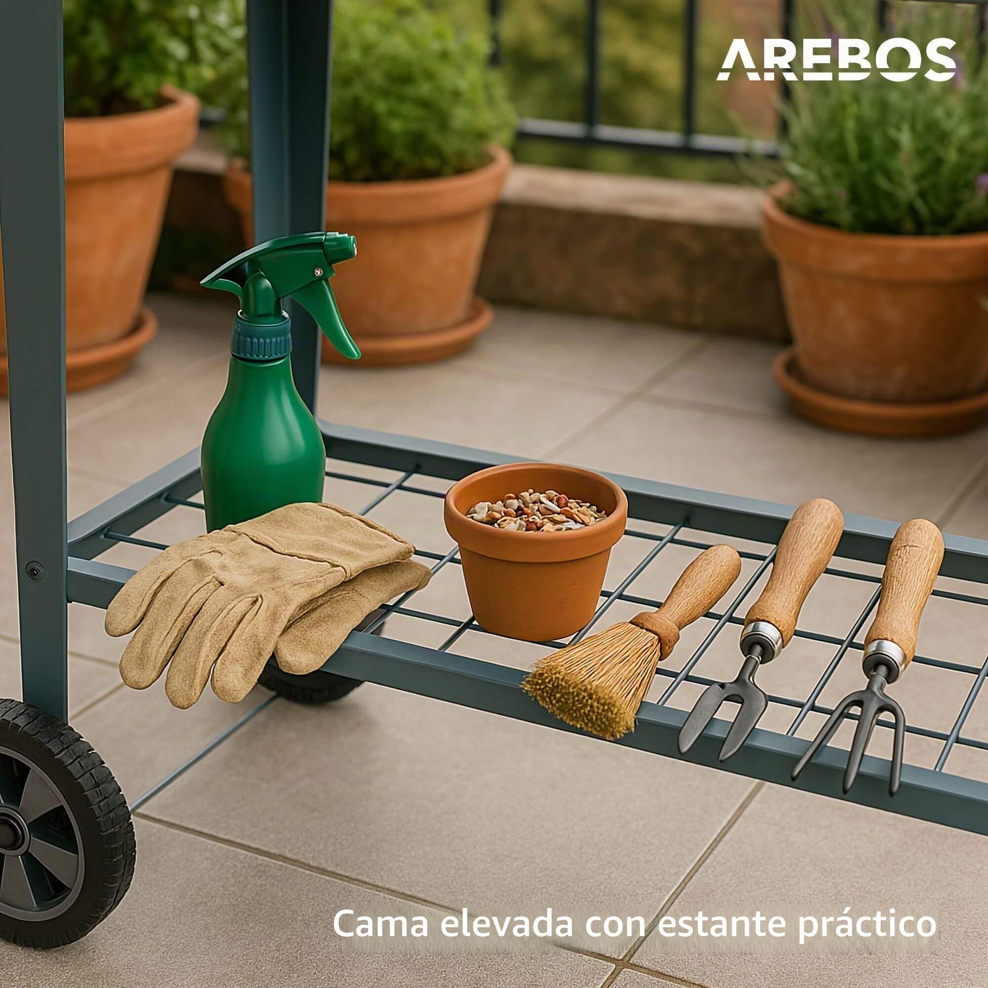 Arebos Banco Elevado con Ruedas y Estante 108 x 51 x 80 cm | Ideal para Cultivo de Verduras, Frutas y Hierbas Aromáticas | Invernadero, Jardinera para Jardín, Terraza o Balcón