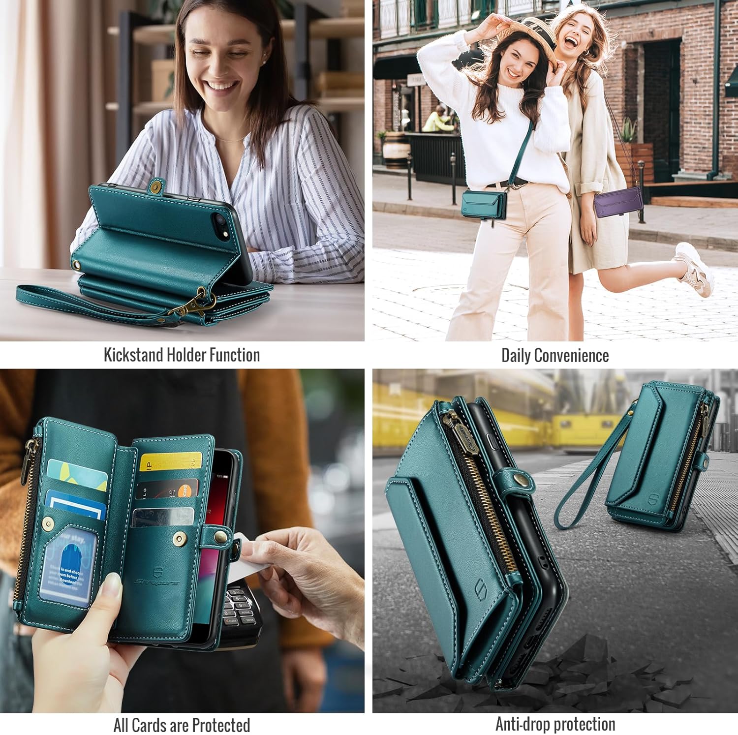 Strapurs Crossbody Wallet Case Compatible with iPhone SE/7/8 RFID Blocking 7-Card Holder Soft PU Leather Magnetic Snap Shoulder Strap Zipper Pocket Phone Cases Fit for iPhone SE 2020 2022 - Blue Green