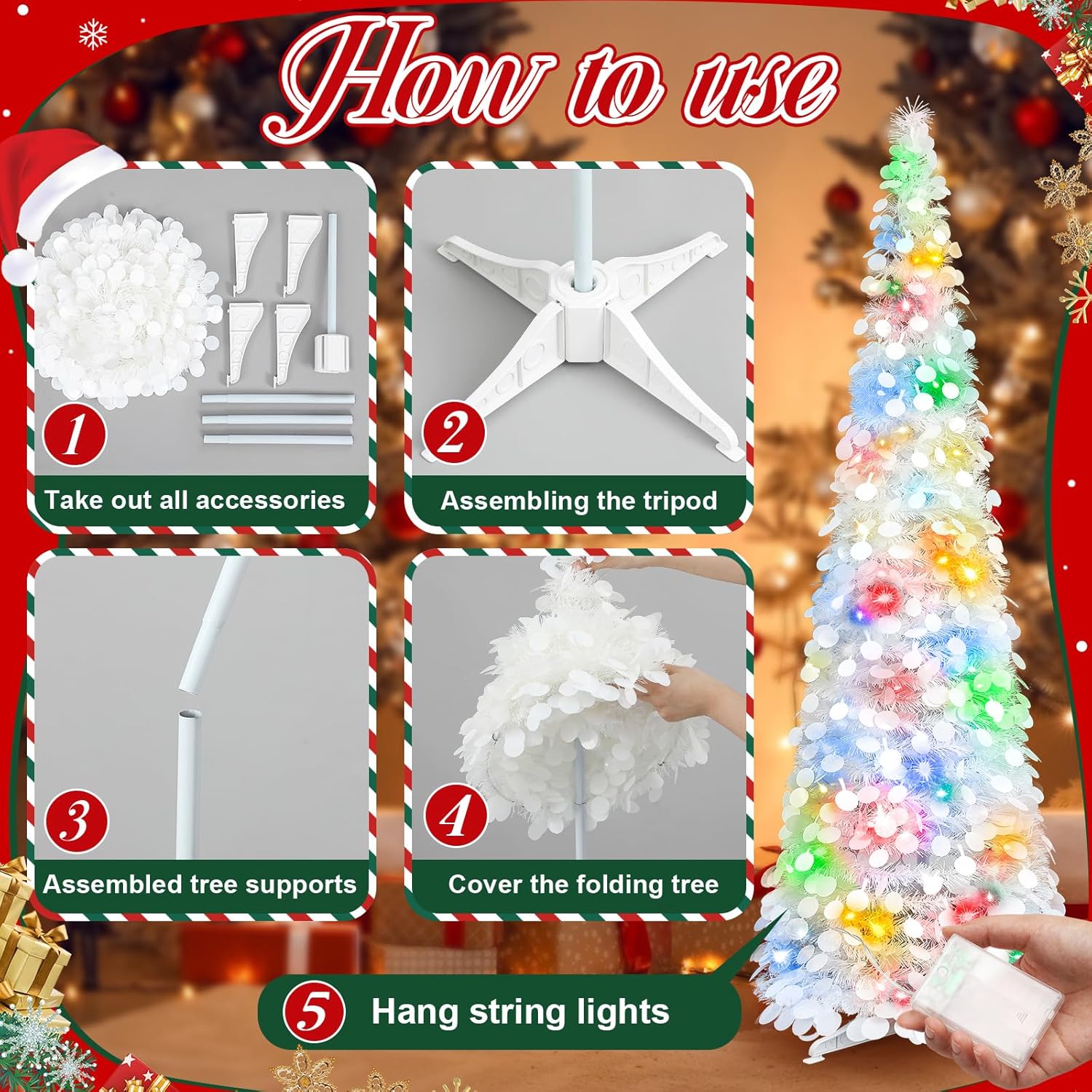 Leyndo Pop up Christmas Tree with LED Light Pre Lit Artificial Collapsible Christmas Pencil Sequin Tinsel Skinny Xmas Tree for Indoor Home Fireplace Decoration(3ft, 4ft, 5ft,White,3)