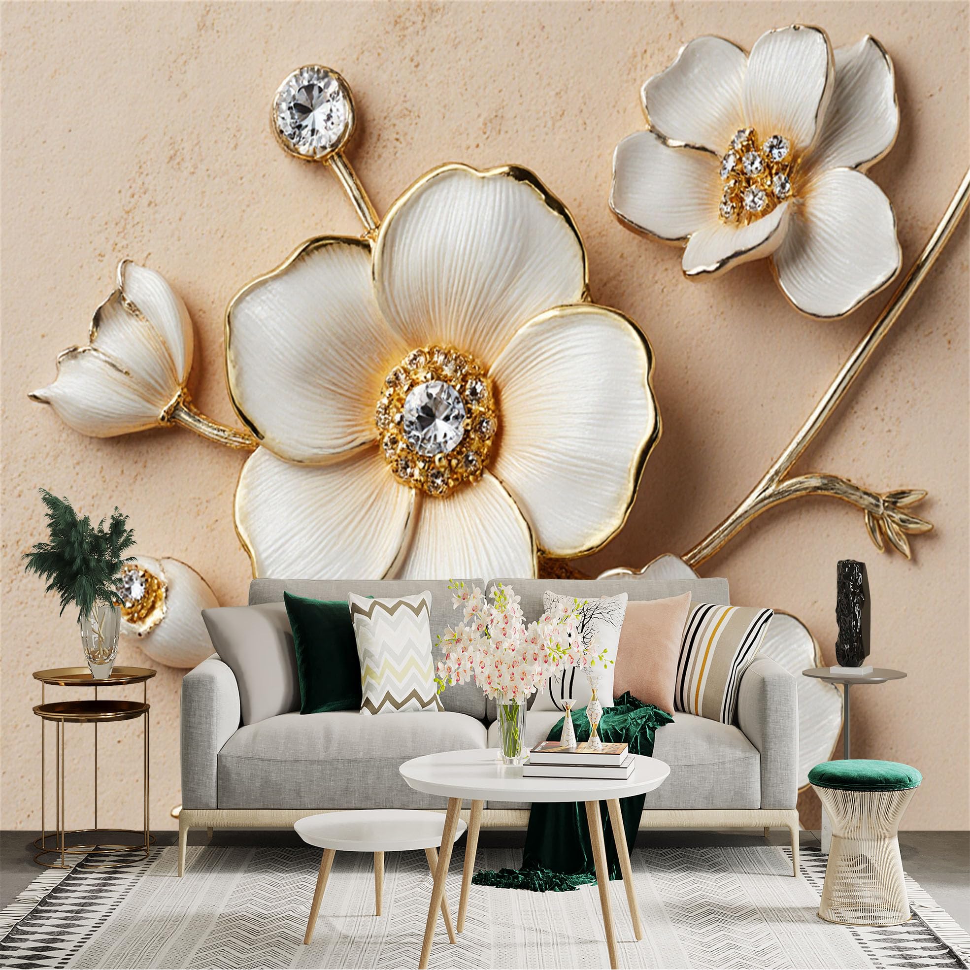 Custom Size Wall Sticker Mural， Elegant White Petals with Golden Accents， Sparkling Crystal Floral Details， Sophisticated Botanical Art， for wall Decoration， peelandstick wall Decals.