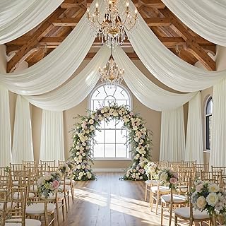 10 ft×20 ft Ivory Ceiling Curtain Drapes for Weddings Parties,Wrinkle Free Polyester Draping Fabric Ivory Cream Drapery for Party Tent Canopy Hotel Banquet Hall Ceiling Decor-2 Panels 5×20ft