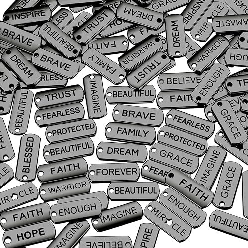Hicarer Colgantes de Amuletos Motivacionales con Palabras Grabadas, Accesorios para Hacer Joyería DIY para Collares, Pulseras, Llaveros (Negro, 40