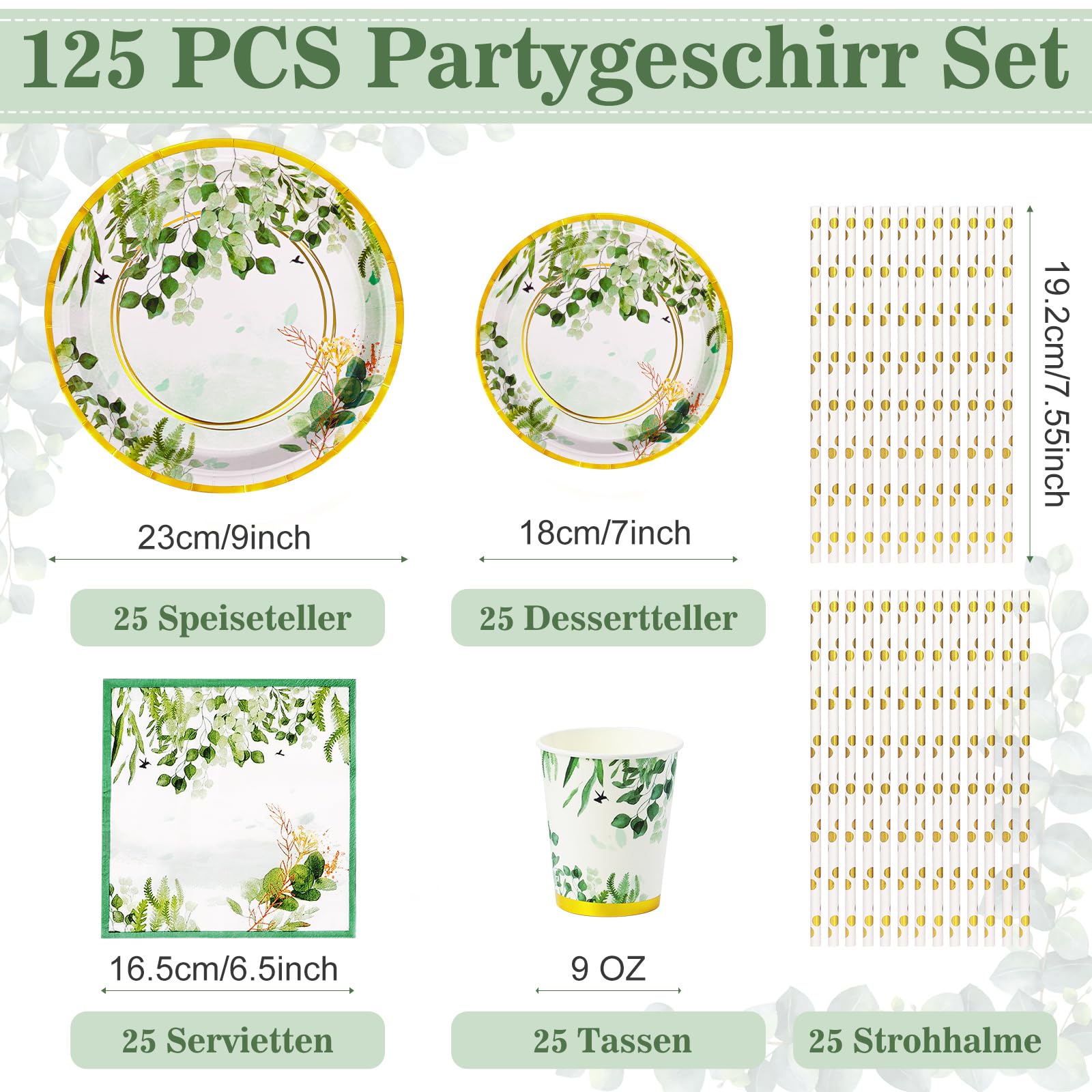 Grünes Partygeschirr Set – 125 Teile Für 25 Gäste, Pappteller, Becher, Servietten