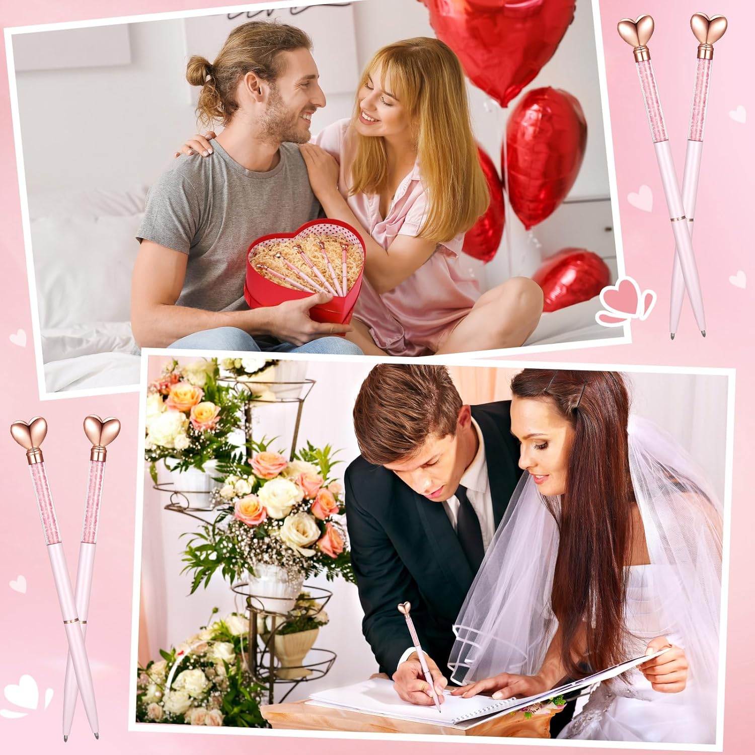 Hushee 24 Pcs Heart Pens Bulk Glitter Retractable Metal Ballpoint Pen with Black Ink Diamond Crystal Bridal Shower Gift for Coworker Office Staff School Classroom Wedding(Pink)