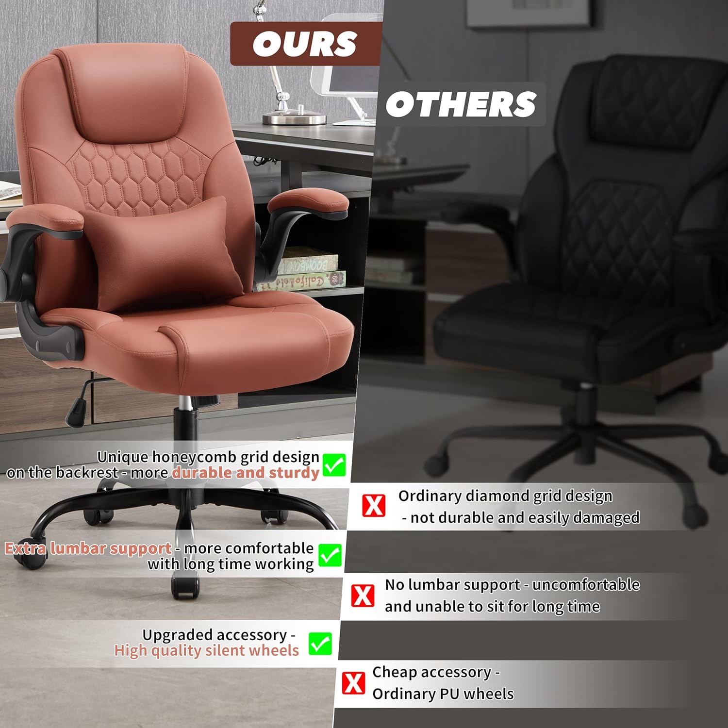 Executive Office Chair PU,Leather Office Chair with Wheels,360° Swivel Rolling Chair with Padded Arms,Ergonomic Computer Chair with Lumbar Support for Short People Use(Brown) - Image 6