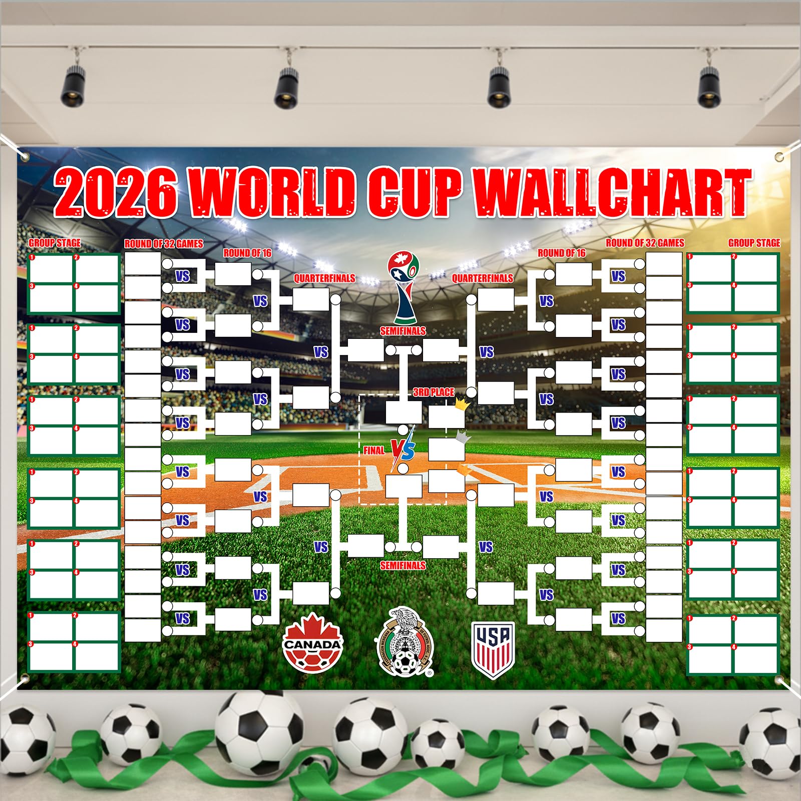 YUNLIJIA World Cup Football 2026 Interactive Tournament Wallchart 180x110cm 48-Team Tournament Backdrop Stadium Edition Wallchart Bedroom And Living Room Display Crazy Football Fan Great Gifts