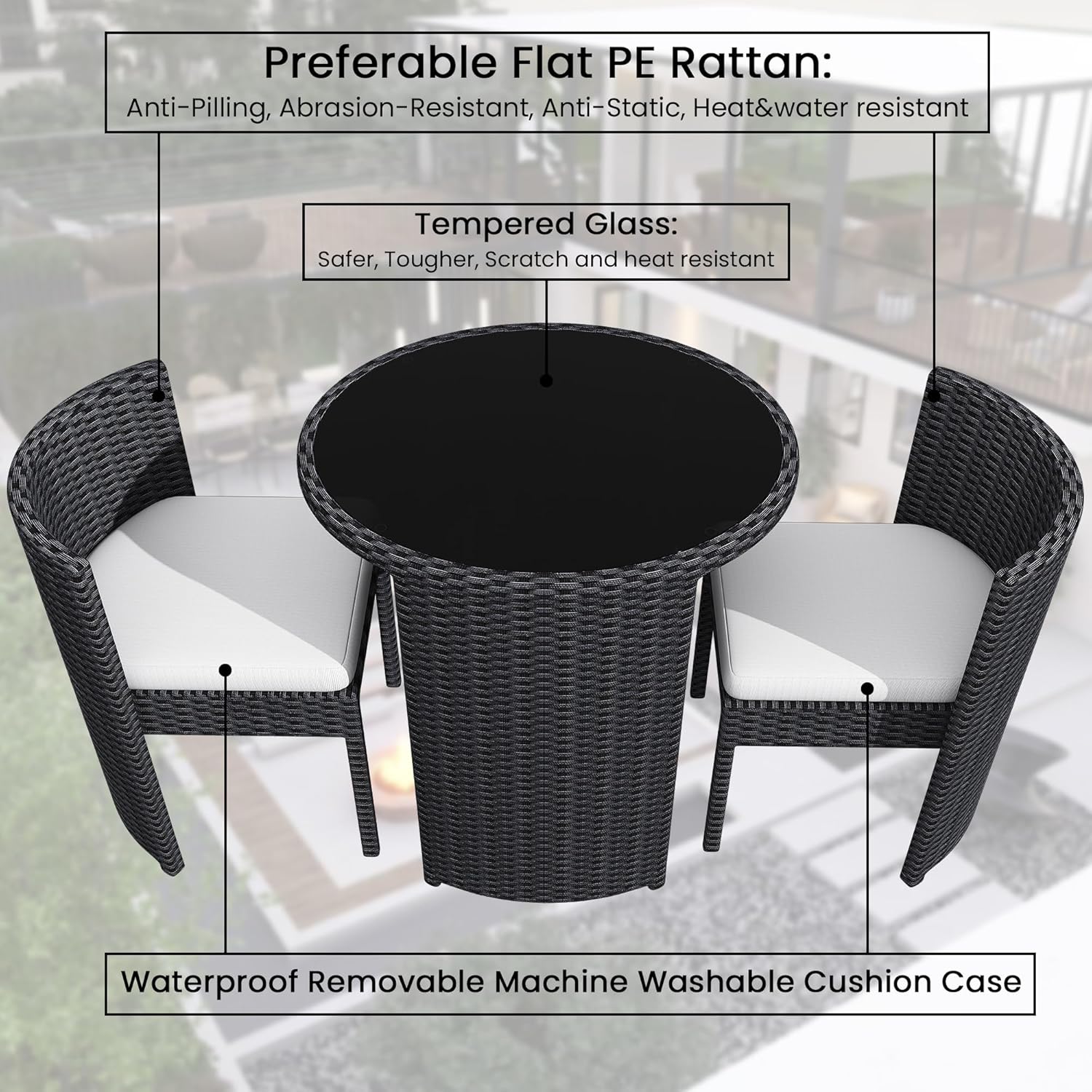 3 Pcs Patio Bistro Set for 2, All Weather Patio Dining Set, Wicker Rattan Patio Conversation Set, Compact Outdoor Furniture Balcony Garden Set for Small Space No Assembly - Black
