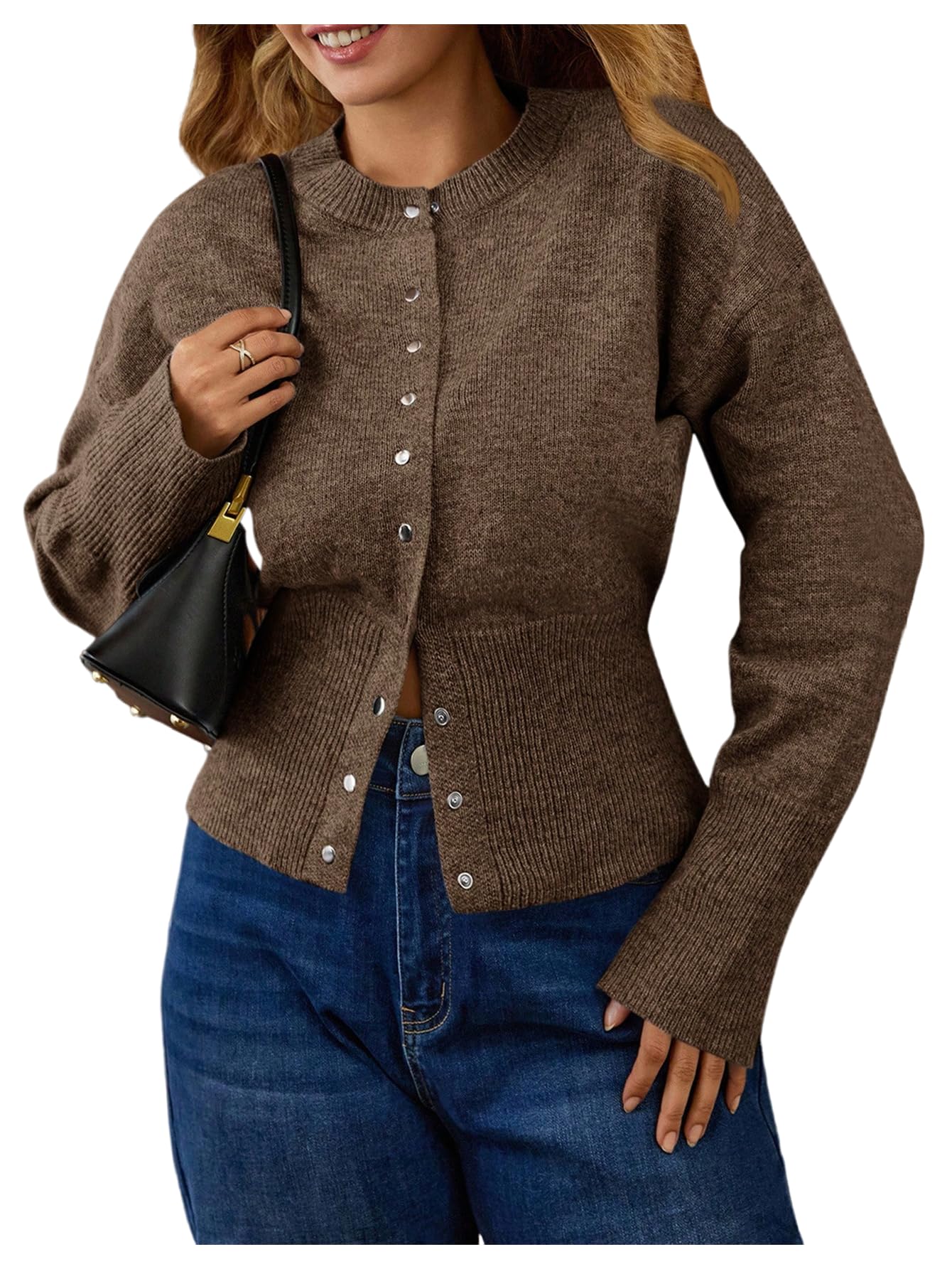 MakeMeChic Womens Plus Size Cropped Cardigan Sweater Button Up Long Sleeve Knit Tops
