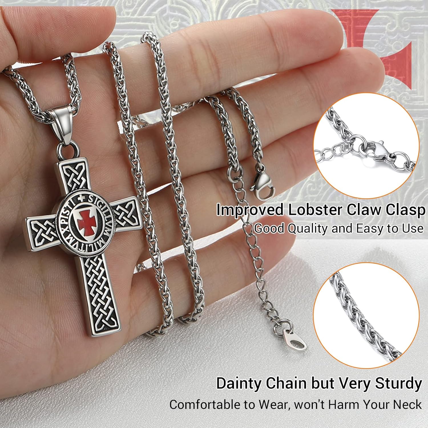 PROSTEEL Vintage Masonic Knight Templar Necklace, 316L Stainless Steel Round/Cross/Shield Pendant Necklace, Come with Box - Image 4