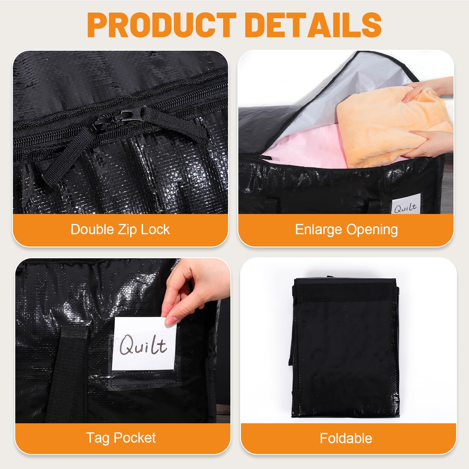 SUNNOW Lot de 6 grands sacs de déménagement imperméables de 90 L, sacs de rangement pour vêtements Noir