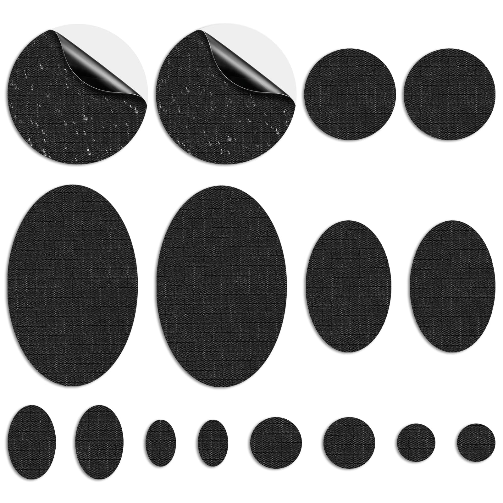 Flintronic Nylon Fabric Patch, 16 PCS Self-Adhesive Fabric Patches, Different Size and Shapes, Waterproof Nylon Repair Tape for Puffer Jacket, Tent, Backpack (Black) — image 1