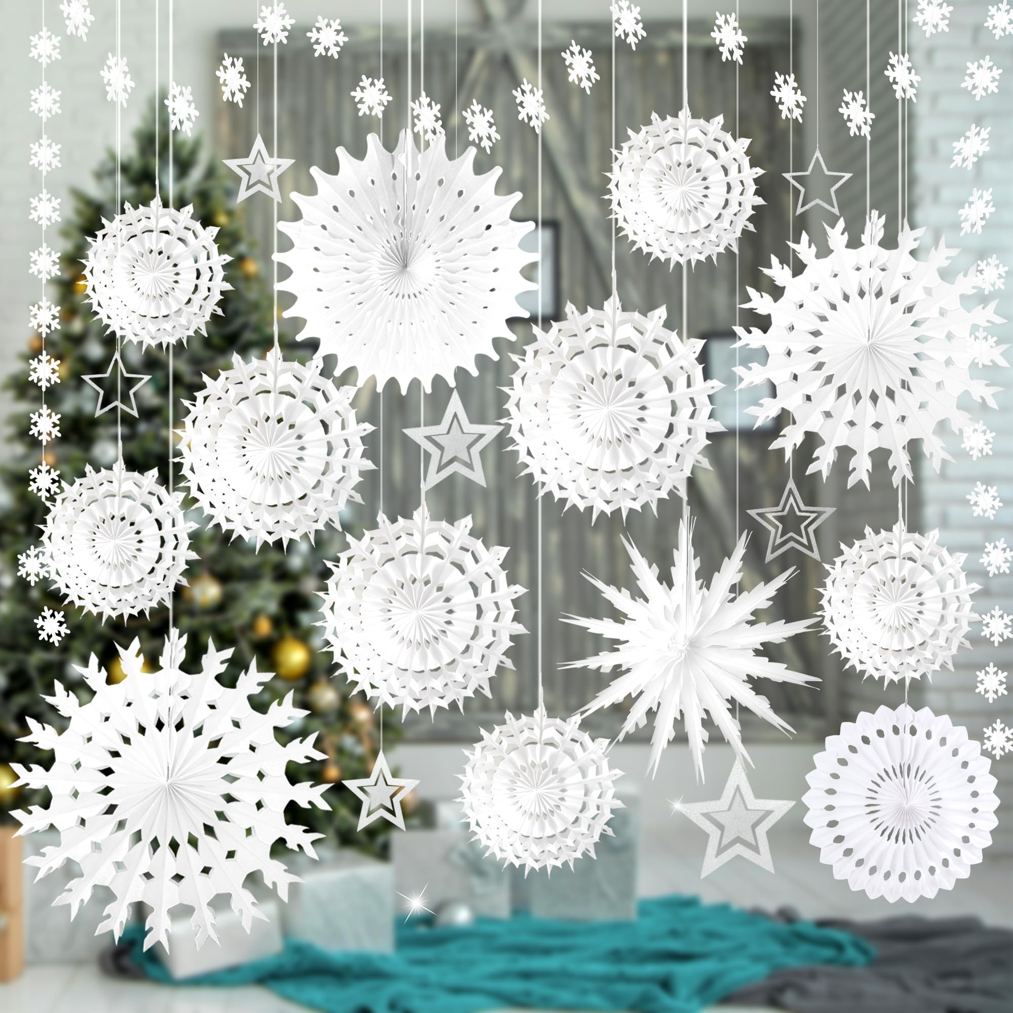 21 Pcs White Snowflake Decorations Christmas Paper Hanging Fans Decor Winter Wonderland Party Decorations with Frozen Snowflake Garland Star Hanging for Xmas Winter Wedding Birthday