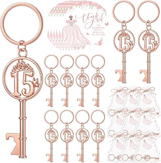 Sliner 25 Sets Quinceanera Party Favors for Guests 15 Birthday Keychain 15 Years Old Bottle Opener Thank You Tags Quinceanera Gift Birthday Quince Party Souvenirs for Girl Adults (Rose Gold)