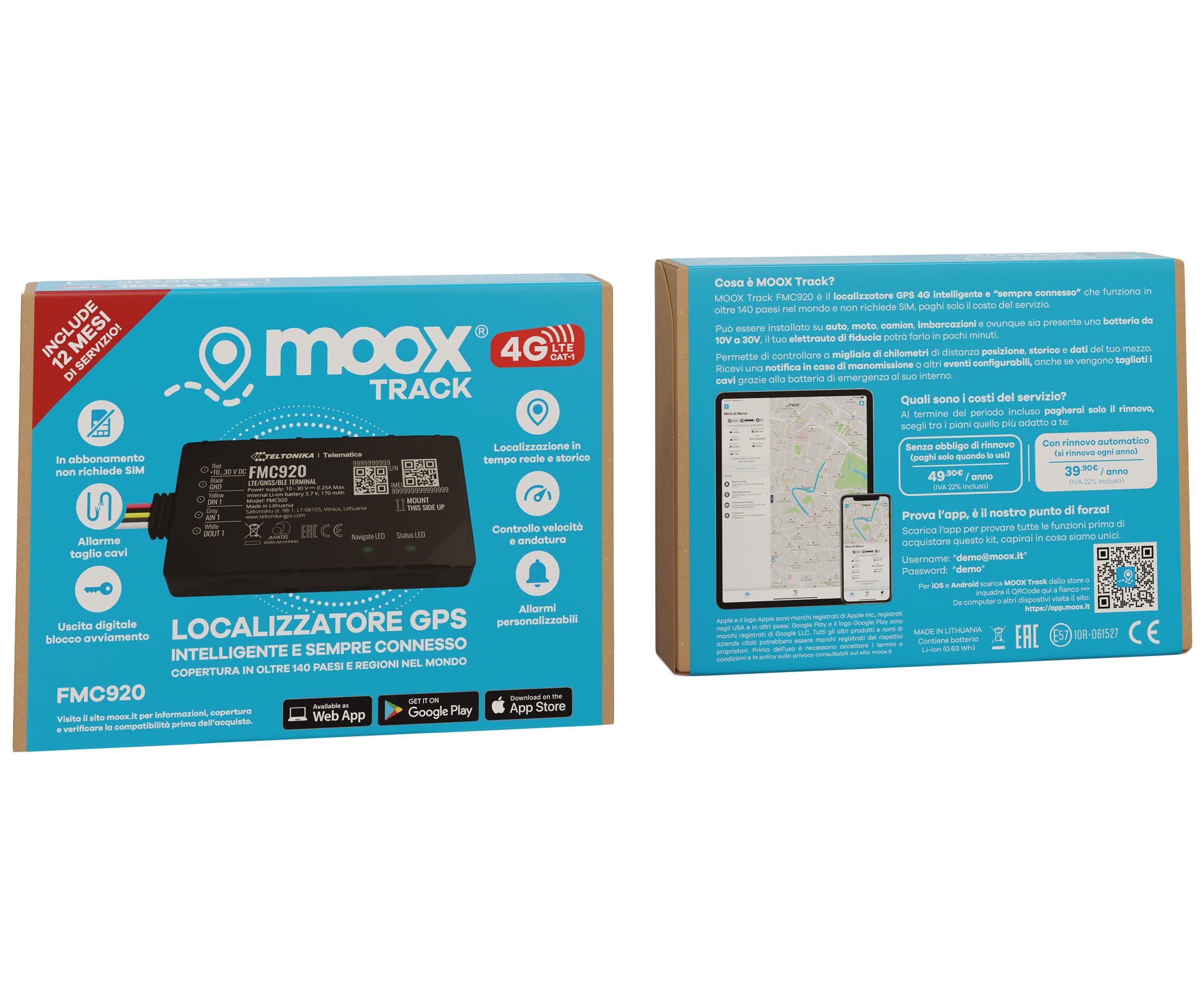 MOOX Track 4G Localizzatore Gps per Auto, Moto, Camion, Barca - App Facile da Usare, Posizione in Tempo Reale, Allarmi e avvisi - Sim e Traffico Incluso per 12 Mesi - Sempre Connesso - Blocco motore