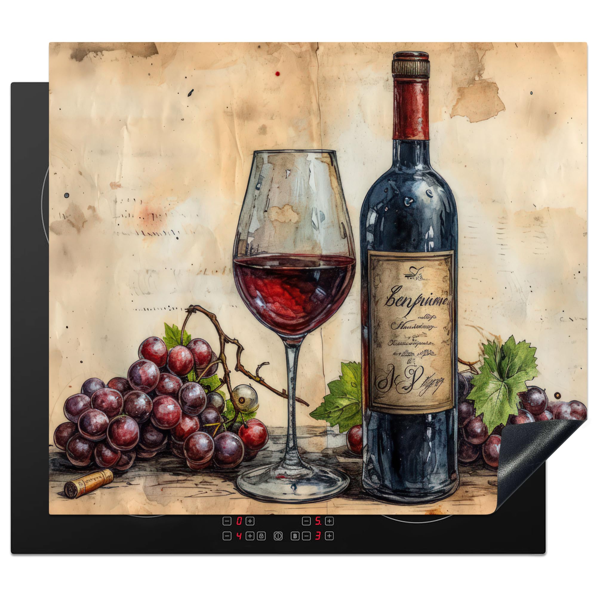 KitchenYeah© Induction Hob Protector Mat 20.1"x23.2" / 59x51 cm Stove Cap Top Cover Kitchen Cooker Covers for Electric Hobs Vinyl Wine - Grapes - Drink - Wine Glass - Fruit