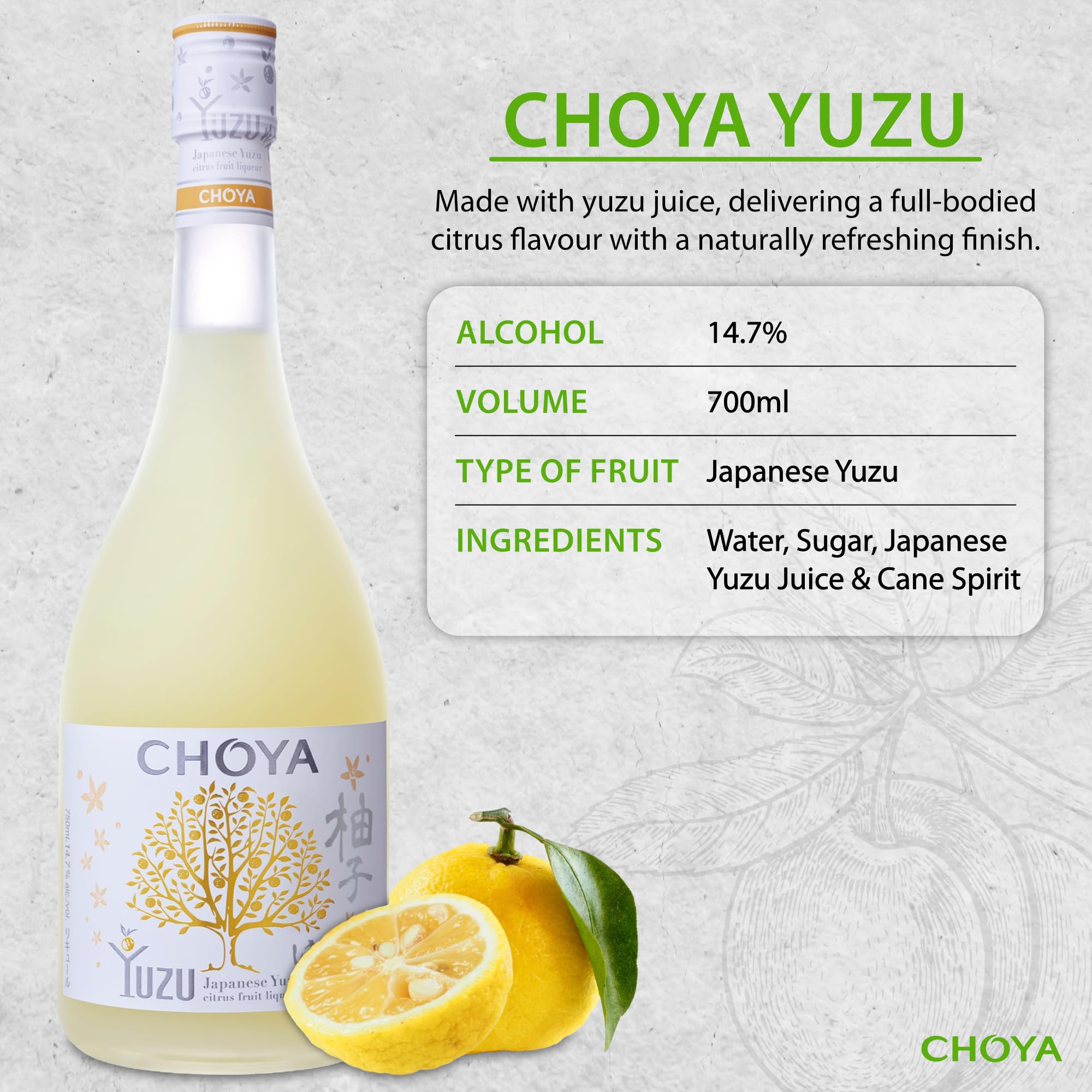 Choya Yuzu (japanischer Fruchtlikör, alkoholhaltiges Getränk aus Japan, Yuzu Frucht, 15% vol.) 1er Pack (1 x 0,7 l)