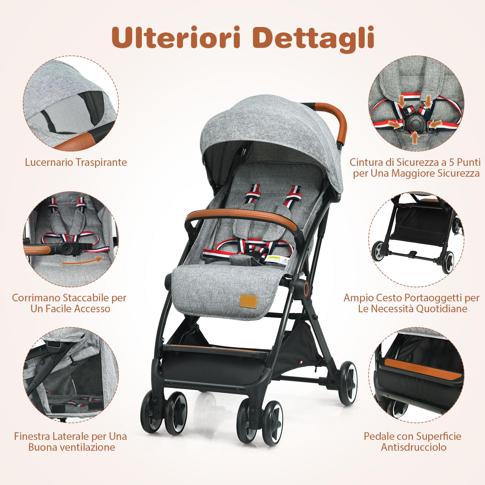 Costway Passeggino Leggero per Bambini 0-3 Anni fino 15 kg, Schienale e Poggiapiedi Regolabili, Cappottina e Zanzariera, Compatto Pieghevole Grigio