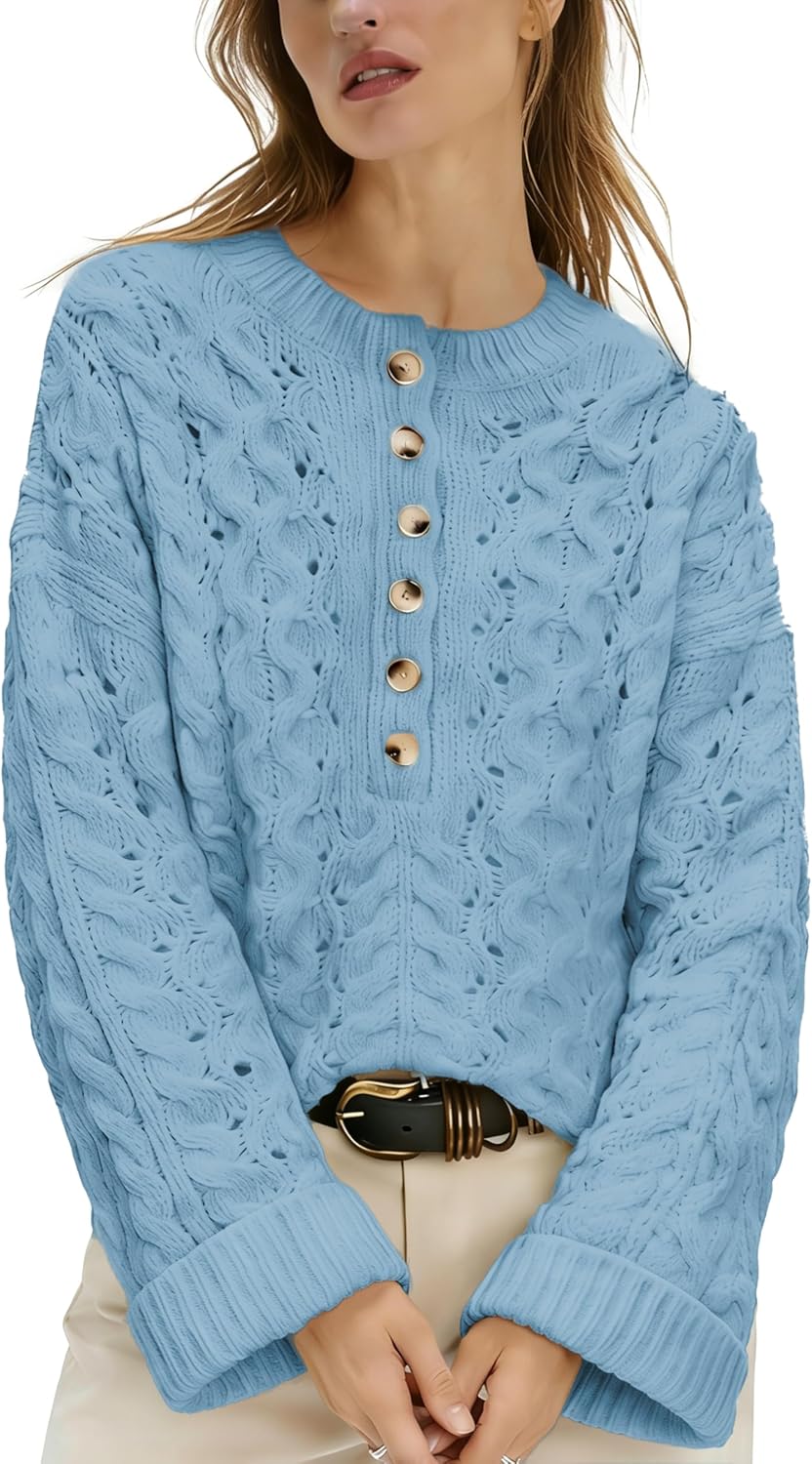 Women's Cable Knit Sweater Long Sleeve Crewneck Casual Cropped Pullover Sweaters Boho Half Button Down Tops