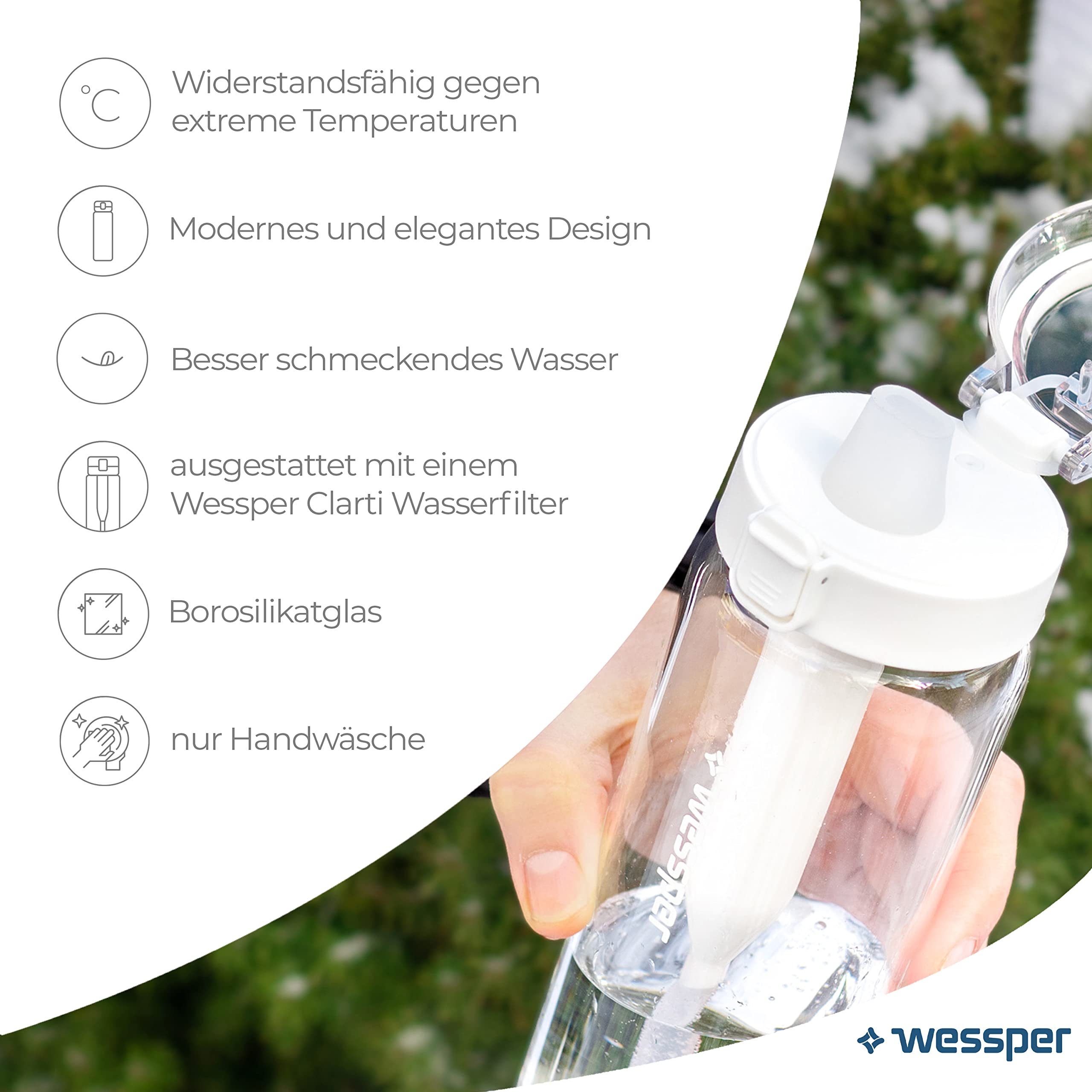 Wessper Trinkflasche aus Glas 680ml mit Wasserfilter, BPA-frei Auslaufsicher Glasflasche mit Aktivkohle Filter, Wasserflasche mit Schraubverschluss für Gym Fitness Schule Büro - Transparent