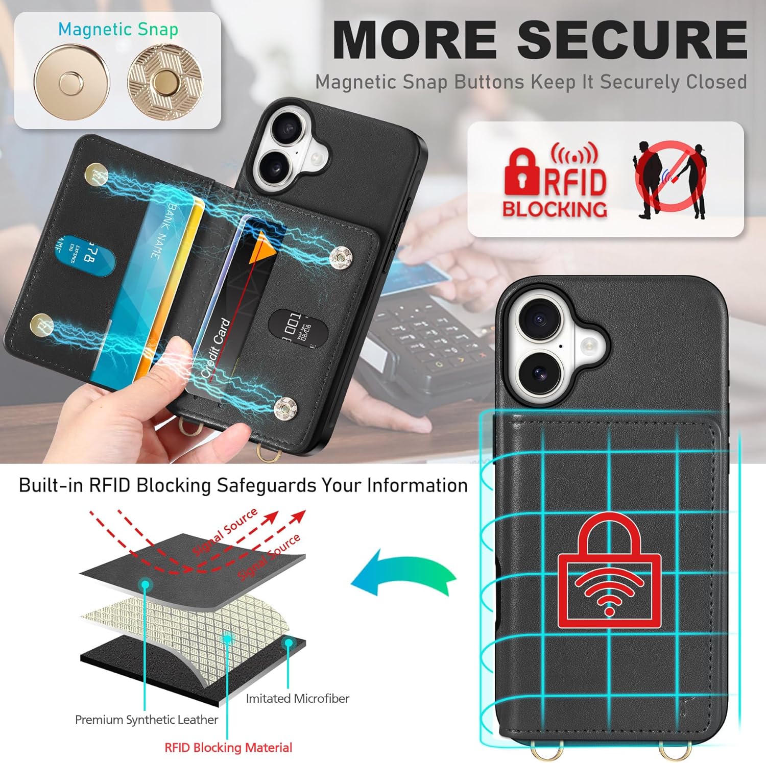 TUCCH Crossbody Wallet Case for iPhone 16 (6.1") 2024, RFID Blocking [6 Card Slots][Detachable Adjustable Lanyard], Magnetic Closure Flip Wallet PU Leather Shockproof Phone Cover for iPhone 16, Black