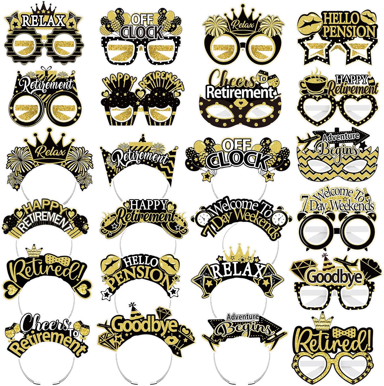24 Pcs Retirement Party Decorations Paper Glasses and Headband Set for Men Women, Black Gold Happy Retirement Party Supplies, Funny Farewell Retired Photo Props Decor