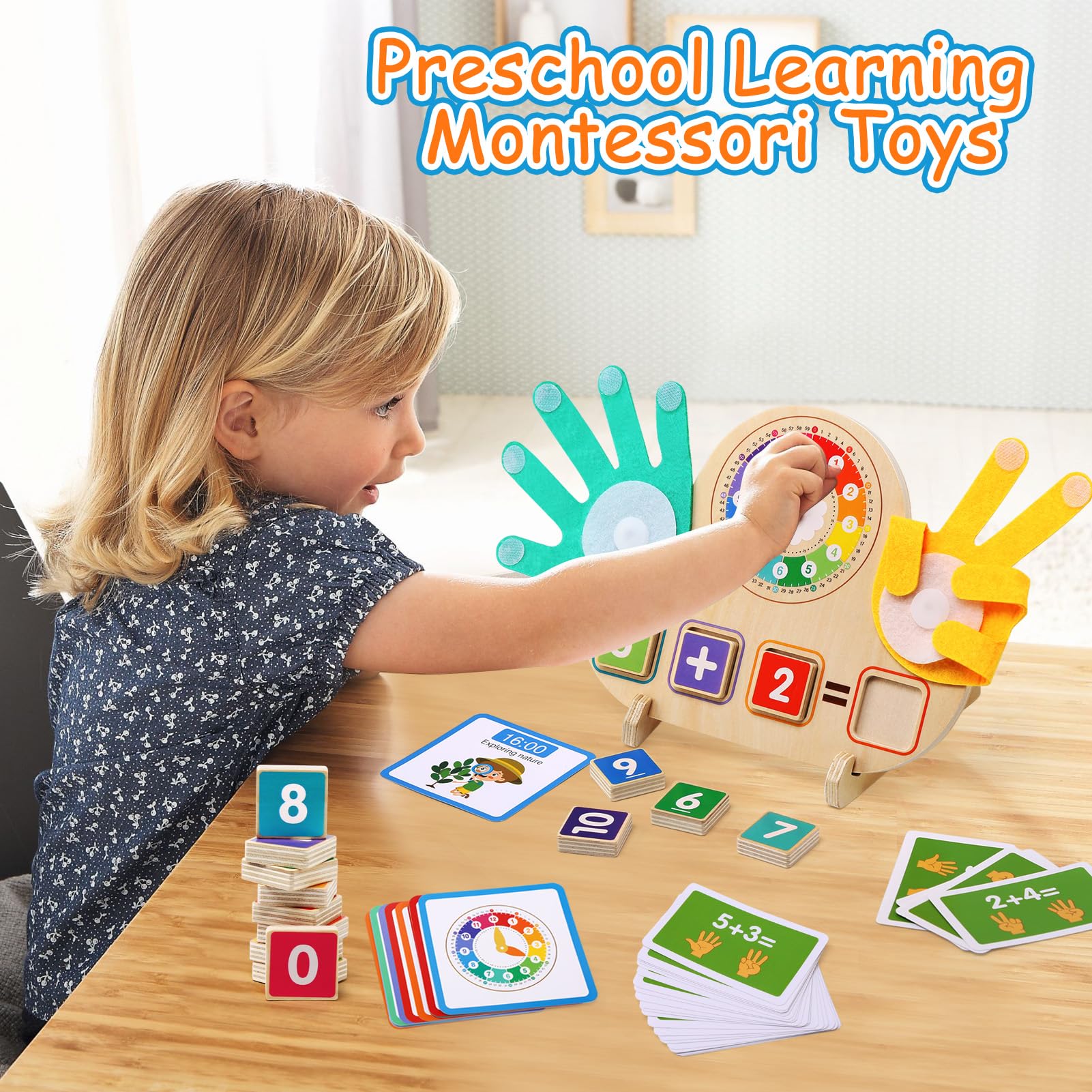 Juegos Educativos Niños 3 4 5 6 Años, Juguetes Montessori Matemáticas de Madera con Reloj, Juegos de Conteo para Preescolar Aprender Suma y Resta Regalo para Infantil Niños Niñas 3-6 Años