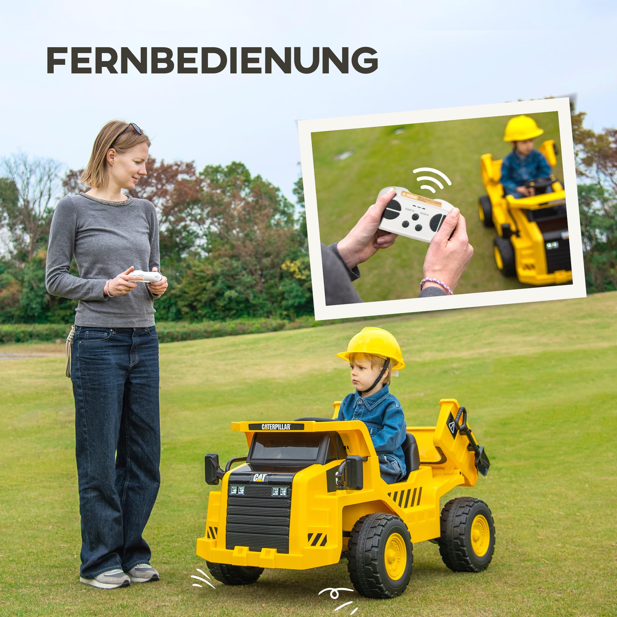 AIYAPLAY Elektrischer Traktor 12V Kinder Aufsitztraktor für 3-6 Jahre Gelb | 2,4G Fernbedienung, Eimer, Schaufel, Kinder Elektroauto, 2 Motor, Musik, Lautsprecher, Scheinwerfer, 3-5 km/h