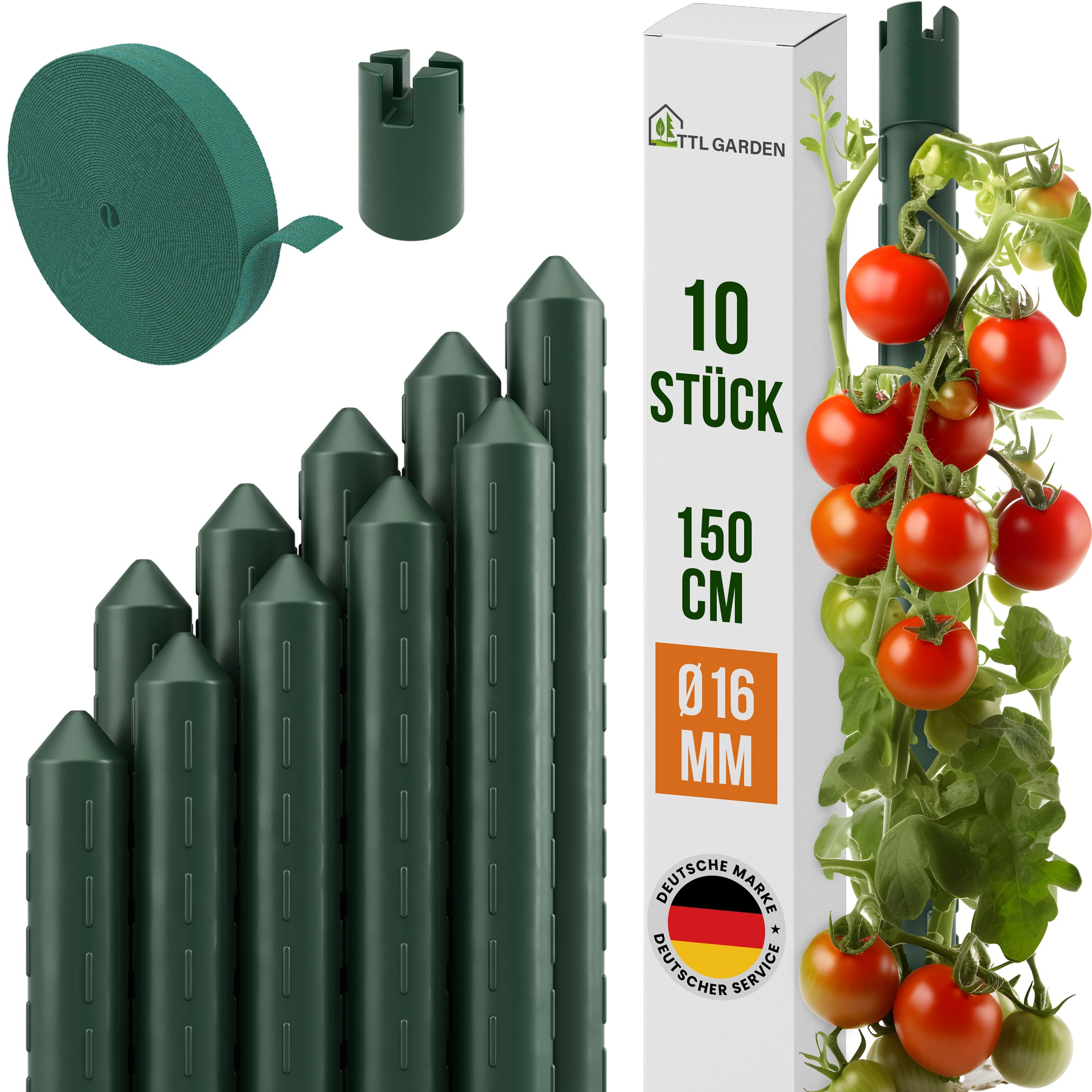 TTL GARDEN Rankstäbe 10er Set 150cm x 16mm Ø grün - extra stabile 16 mm Rankhilfe Pflanzstäbe + Klettband - Stahl rostfrei kunststoffbeschichtet Pflanzenstütze Blumenstütze Tomaten Paprika & Blumen