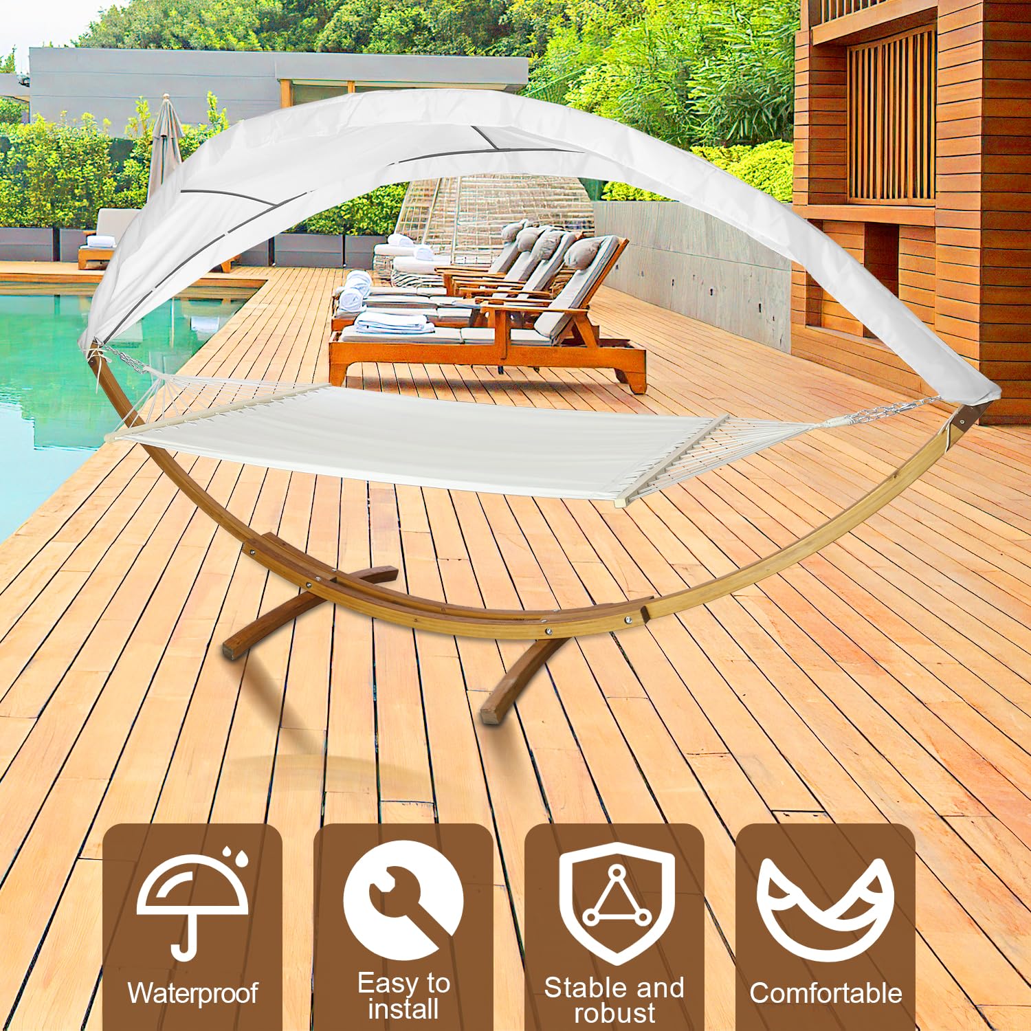 Hängematte mit Gestell und Sonnendach, Hammock aus wetterfestem Lärchenholz, bis 200kg, Stabhängematte für 2 Personen Outdoor und Indoor
