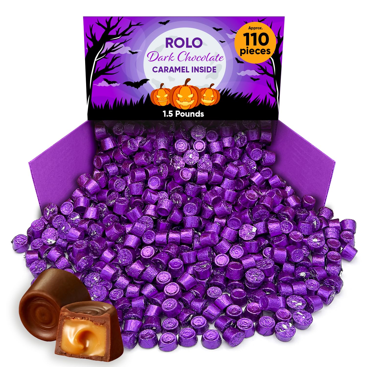 Dark Chocolate Candy with Caramel Inside - 1.5 Pound Approx 110 Pieces- Individually Wrapped Dark Chocolate for Halloween Candy