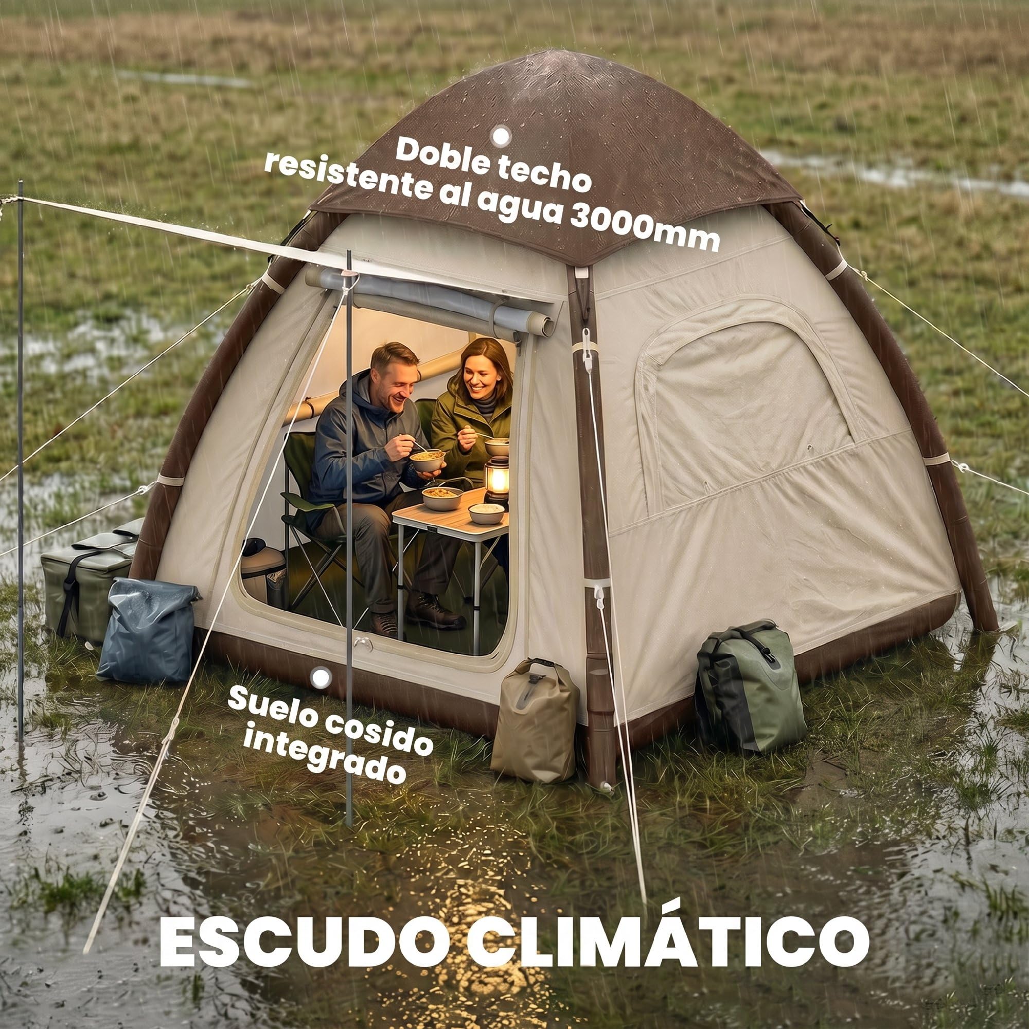 Outsunny Tienda de Campaña Inflable con Mosquitera para 3–4 Personas | Tienda de Campaña con Vestíbulo, Bomba, UPF30+, Puertas, Bolsa Transporte, Montaje Rápido, Cubierta Impermeable 3000 mm
