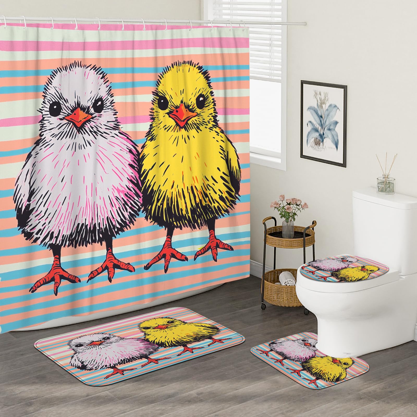 DESIHOM 4PCS Cute Cartoon Chick Shower Curtain Sets with Non-Slip Rug, U Shape and Toilet Lid Cover Mat, Funny Fun Cool Stripes Kid Home Decor, Bathroom Accessory with 12 Hooks