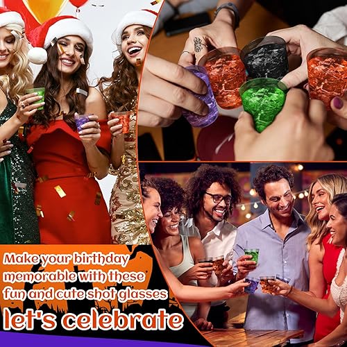Miniatura 6 de Sunnyray Vasos de chupito de plástico para Halloween a granel de 2 onzas, vasos desechables de plástico duro transparente y coloridos vasos de