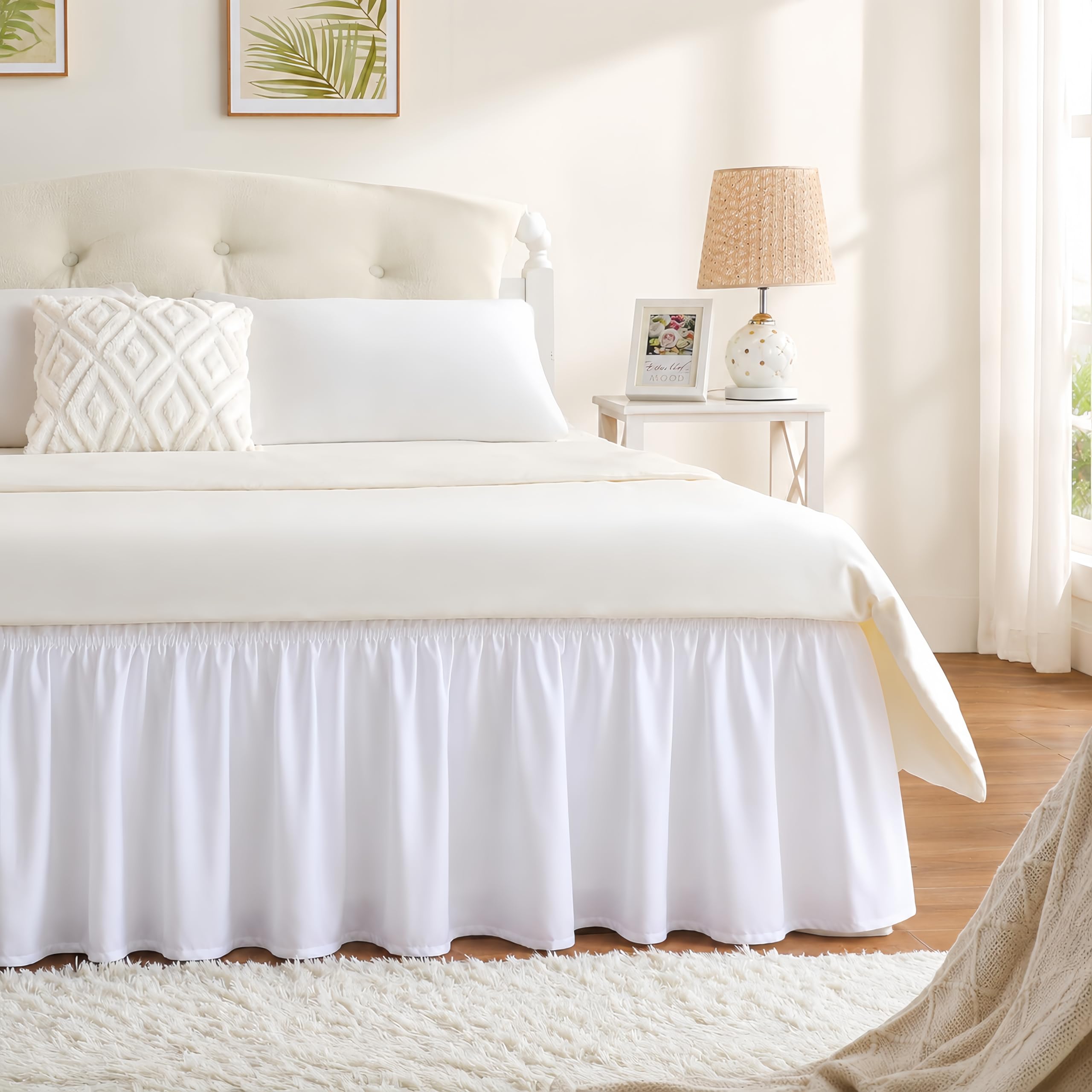 RIMELA White Bed Skirt Queen Size 18 Inch Drop, Elastic Bed Skirting for Bed Base and Frame, Bedding Dust Ruffle Easy to Install, Lightweight Wrap Around Adjustable Bedskirt-image-1