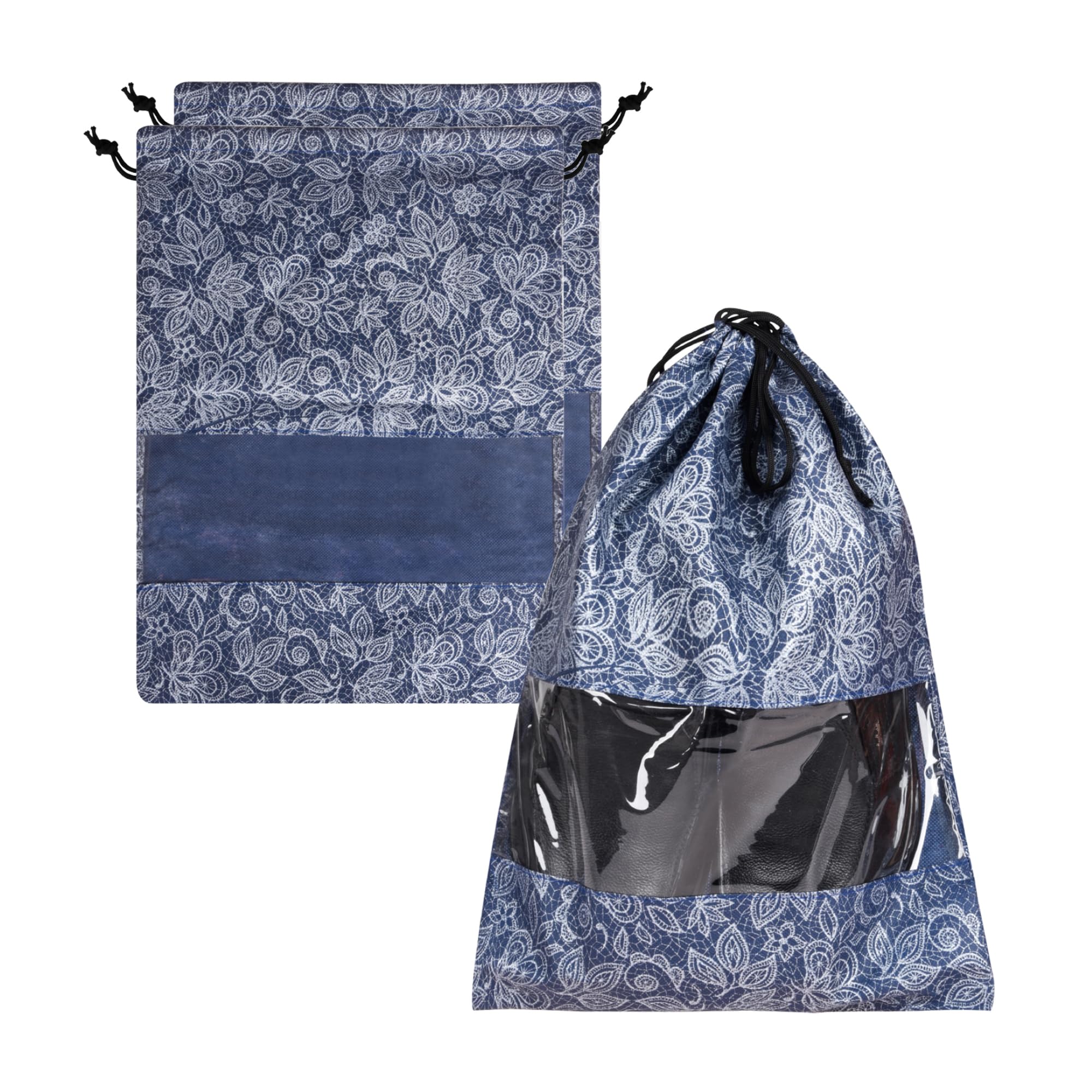 Urbane Home Pack of 3 Shoe Bag For Travel | Drawstring Footwear Pouches & Toiletries Packing Bags/Covers For Travelling | Flowers - Navy Blue-image-34