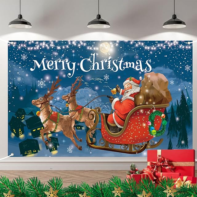 Christmas Banner Vintage Style, Vintage Santa Sleigh Deer Large Merry Christmas Banner Backdrop, Christmas Banner Photo Booth Sign Wall Background Hanging Banner for Indoor Outdoor Party Decoration