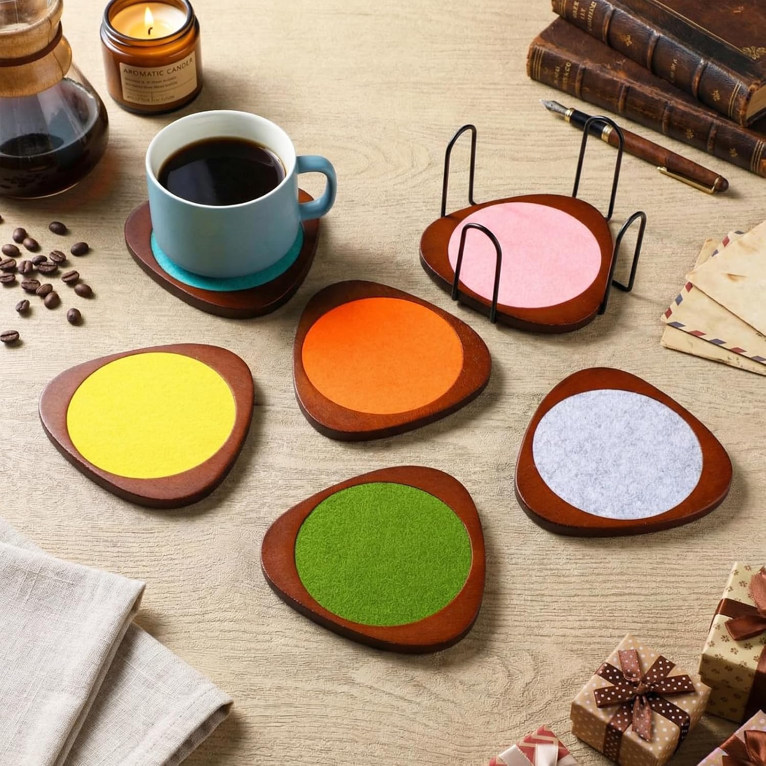 Newtay 6 Pcs Mid Century Modern Coasters Wood Absorbent Coaster with Stackable Holder Vintage Felt Coasters Decorative Drink Coaster Non-slip, Non-stick, Suitable for Kinds of Cup 4.3 Inch(Multicolor)