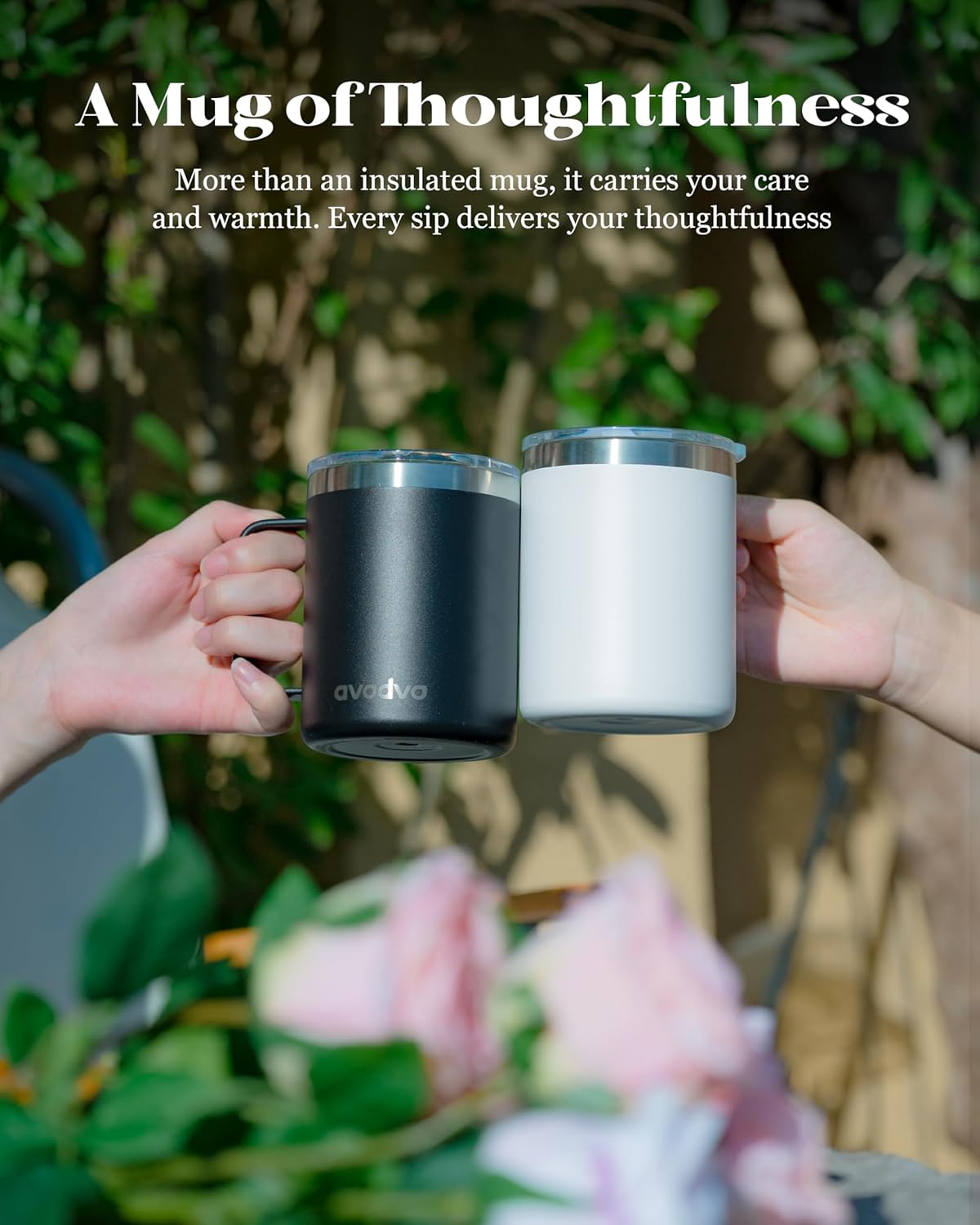 12oz Insulated Coffee Mug with Lid – Includes Two Lids, Stainless Steel Coffee Travel Mug with Handle, Double Wall Vacuum Insulated Camping Mug for Home, Office & Outdoor, White - Image 8