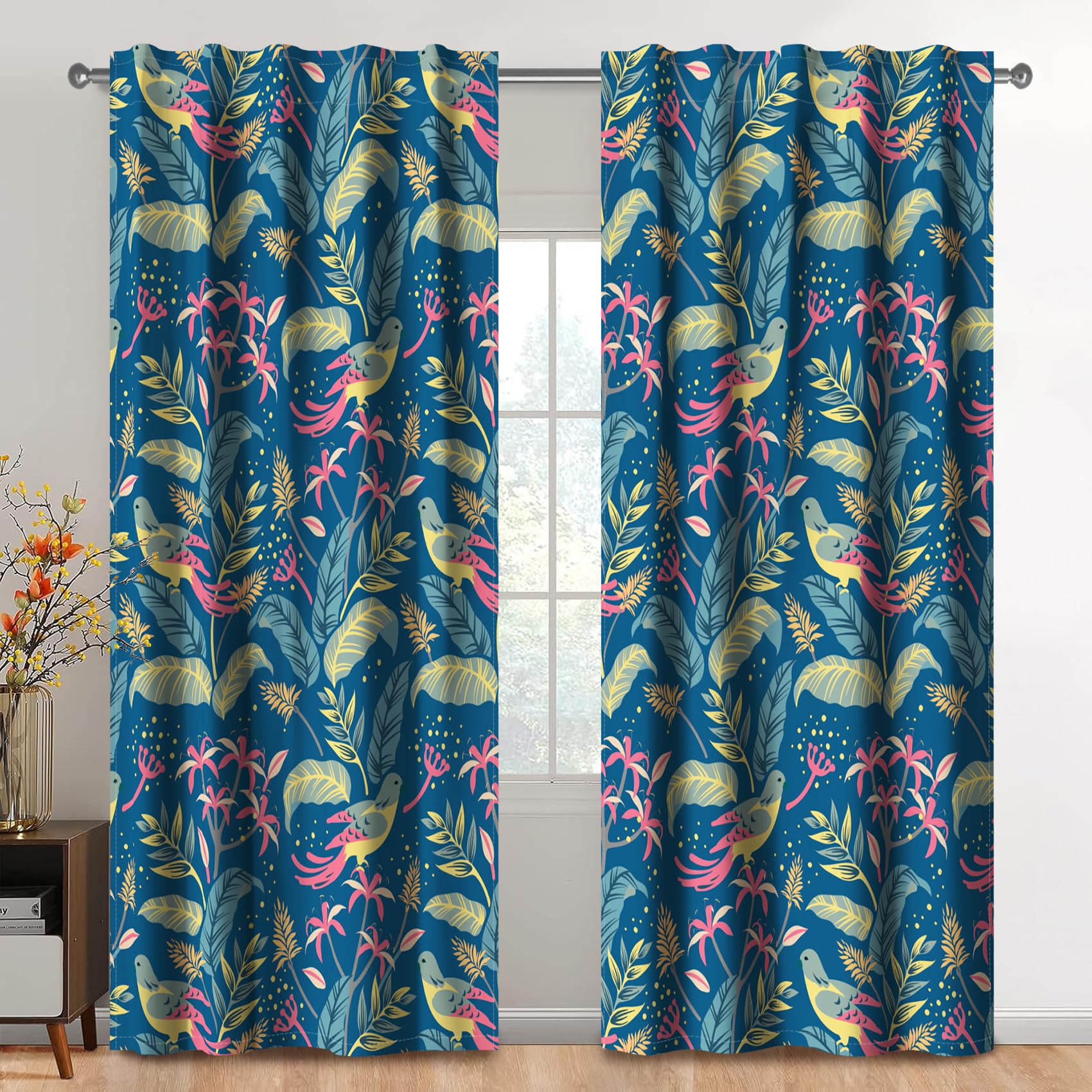 Kzzfqxb 2 Panels 117x183cm Rod Pocket Floral Curtains, Dark Blue Country Toile Pretty Birds in Lush Leaves Pink Flower Trees Window Drapes, Elegant Rural Decor for Living Room Bedroom Dining Room โ image 1