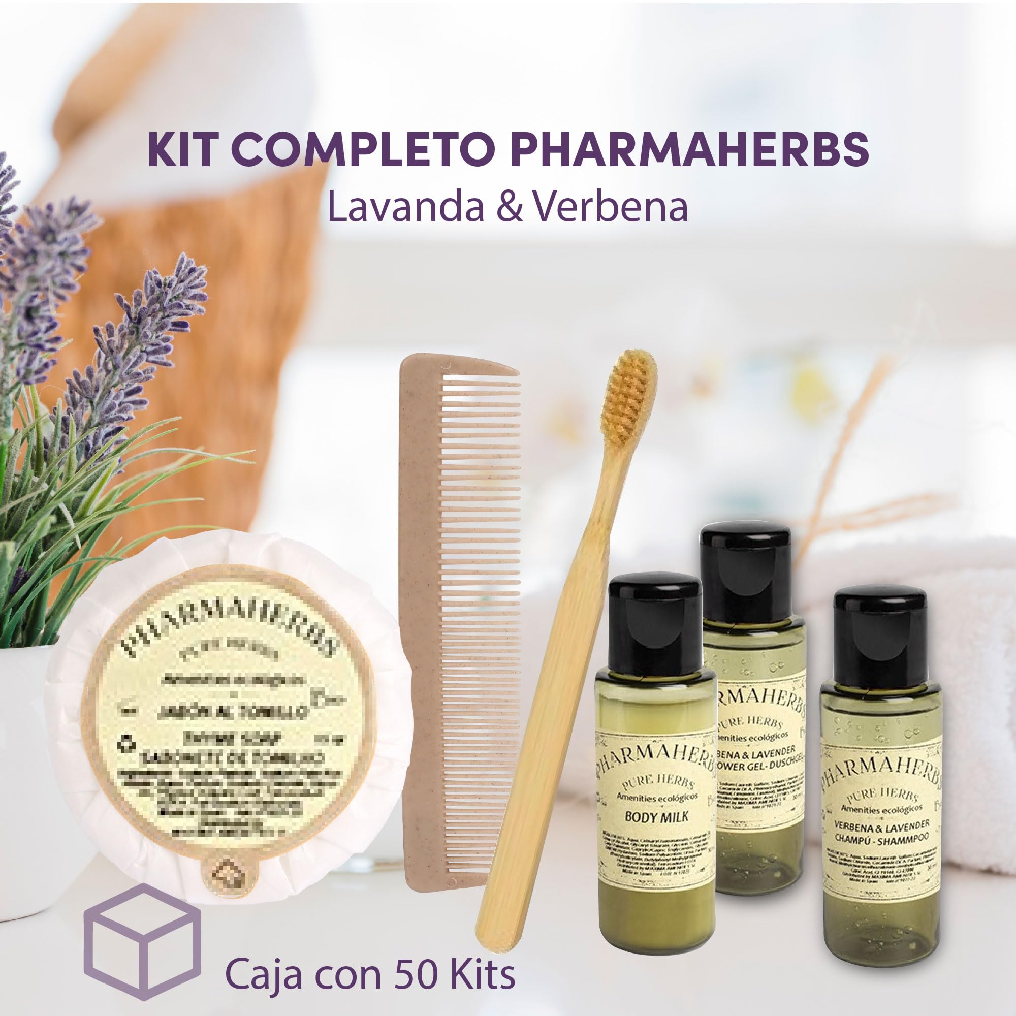 Pack de 50 Kits Completo en Neceser de Algodón - Incluye Gel, Champú, Body Milk, Jabón, Cepillo Dental de Bambú y Peine Biodegradable, Ideal para Hoteles y Viajes