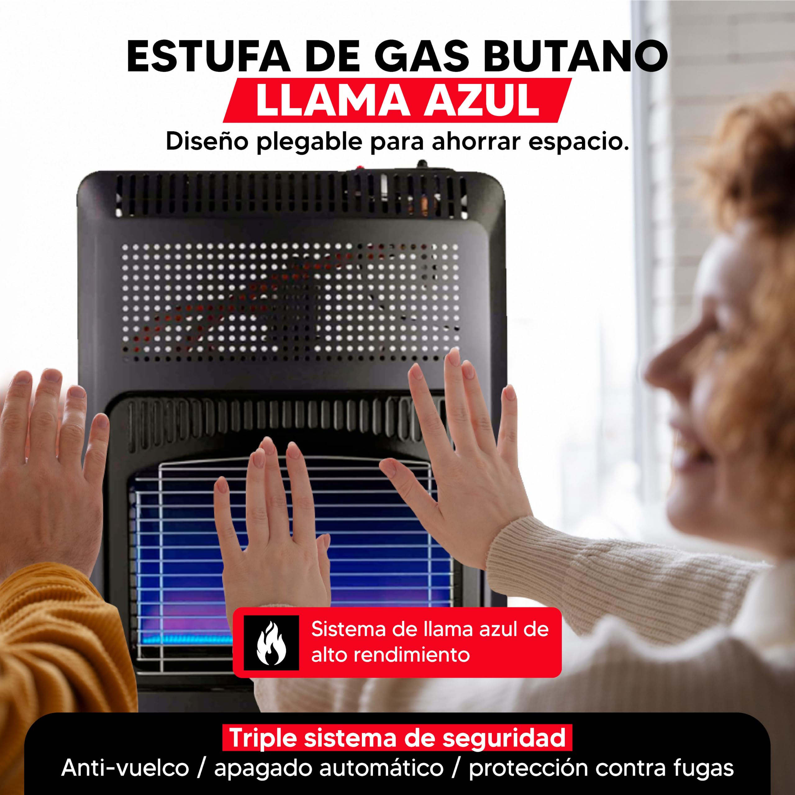 Sogo Estufa de Gas Butano Llama Azul Plegable para Almacenamiento - Estufa de Gas Butano 2 Potencias con Triple Sistema de Seguridad y 5 Ruedas – Estufa Llama Azul Bombonas 13Kg - 3500W Potencia