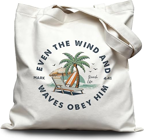 "Even The Wind And Waves Obey Him Christian Beach Tote Bag, Durable Canvas Tote for Daily Use, Ideal Gift for Christian & Beach Lovers