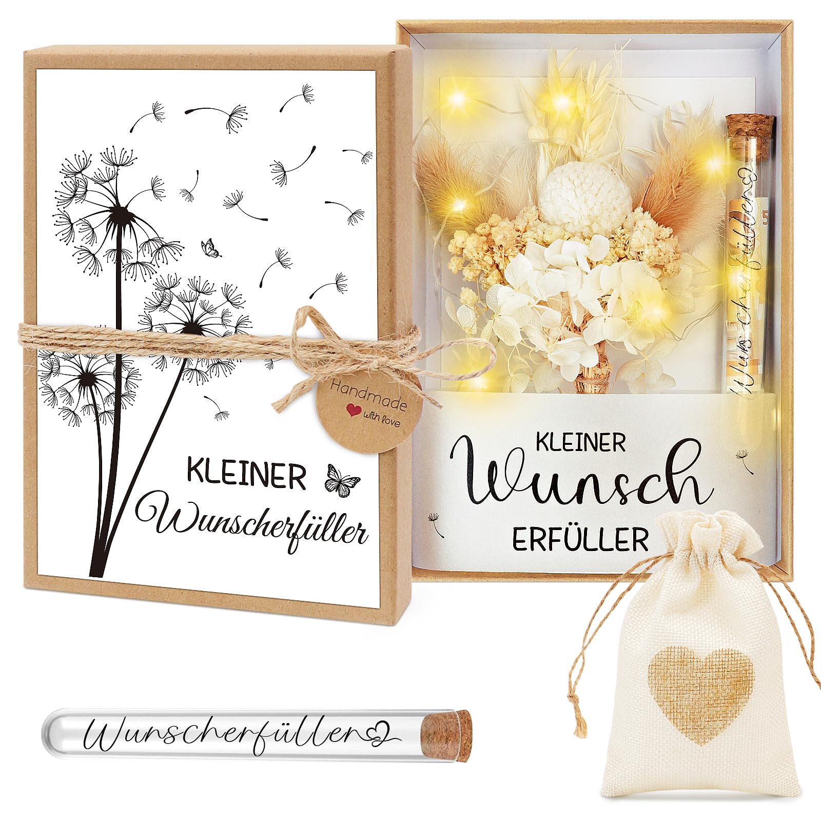 Shining She Wunscherfüller Geldgeschenk Verpackung, Pusteblume | Geburtstag Hochzeit Konfirmation Jugendweihe Geschenk Box mit LED-Lichterkette Reagenzglas Jutesäckchen Trockenblumen