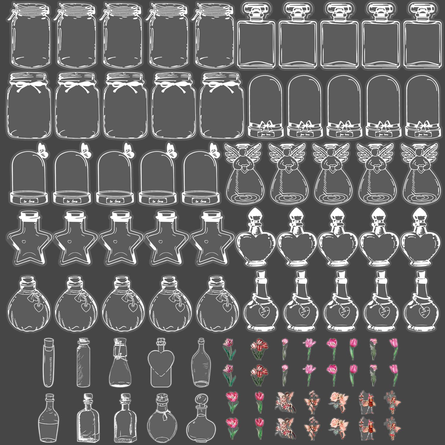 80 piezas de marcapáginas transparentes hechos a mano, marcadores de bricolaje con flores secas, etiquetas engomadas para diario, serie de botellas, adecuado para niños, escuela y decoración de libros
