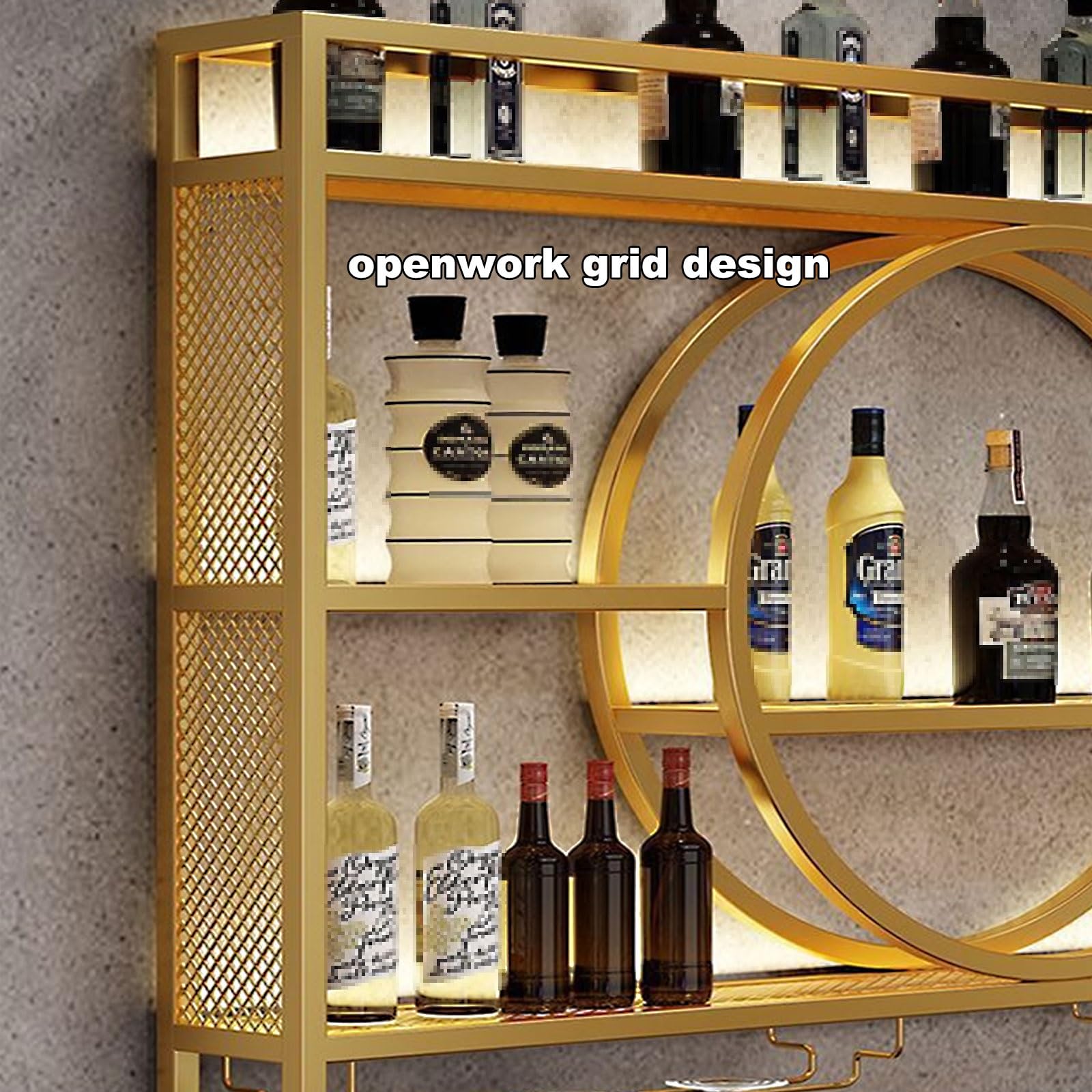 Botellero Vino Pared Botellero de Hierro con Luz LED y Soporte para Copas de Vino, Wall Mounted Wine Rack Fácil de Instalar Soporte para Vino para Cocina, Bar(Gold,120 * 15 * 80cm)