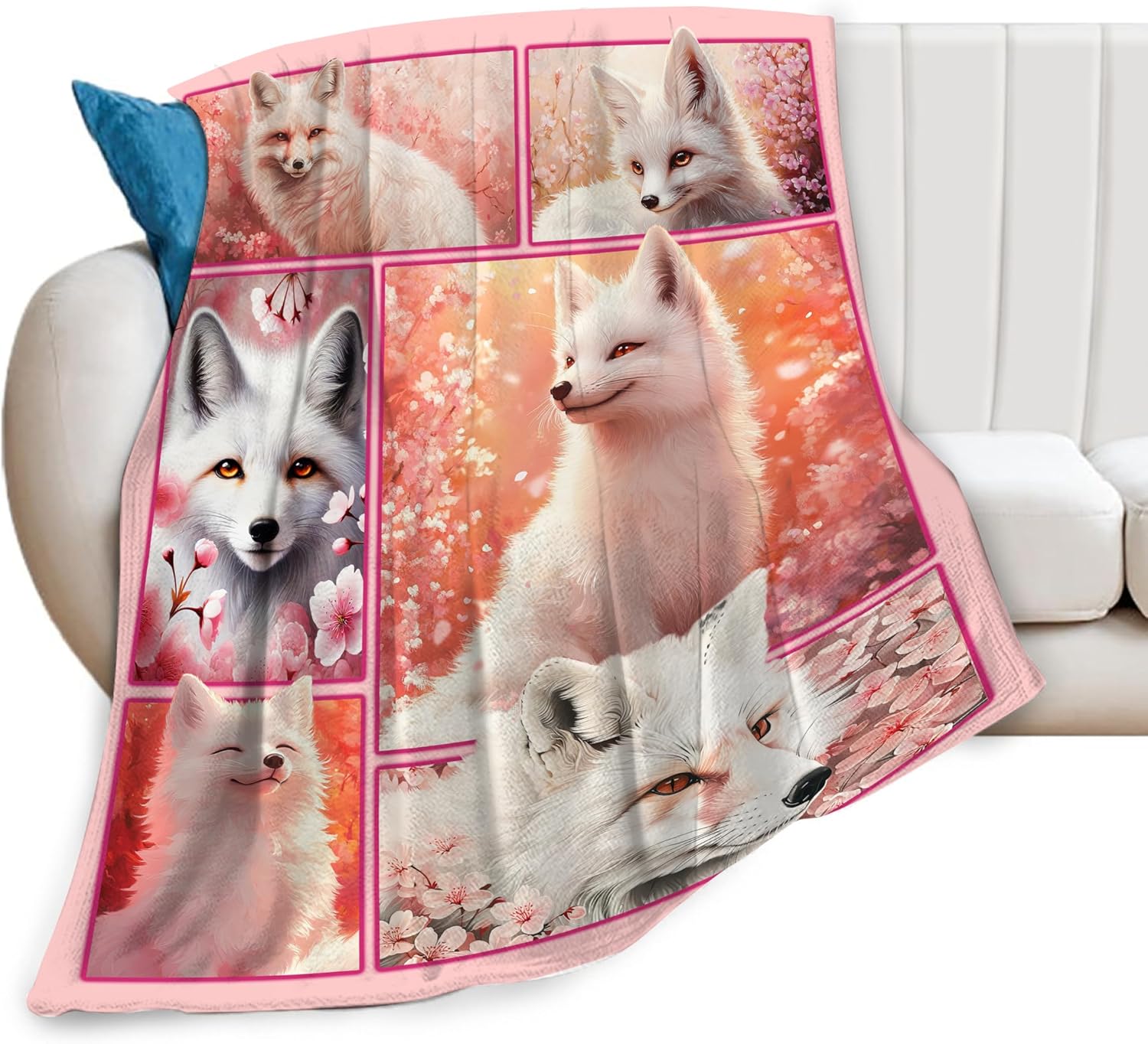 White Fox Blanket Soft Cozy Cute Fox Plush Throw Blanket Warm Wildlife Animal Flannel Fleece Bedding Stuff Decor Blanket Gifts for Lover Kids Girls Boys Women Adults Bed Travel 60"x80"