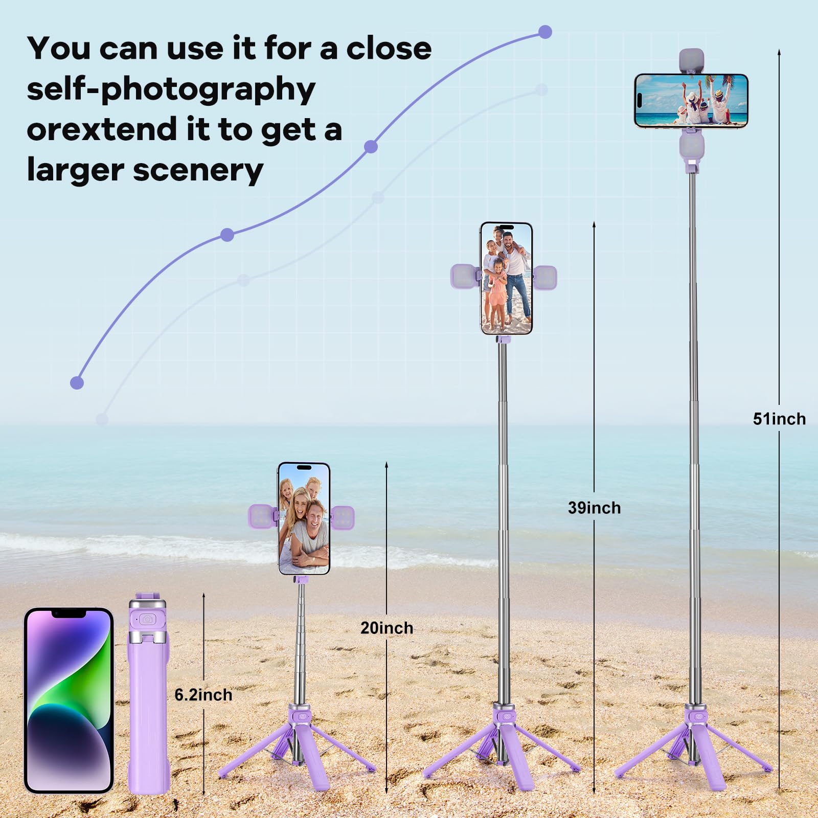 MQOUNY Mini iPhone Tripod Stand & Selfie Stick with Wireless Remote & Removable Light, Extendable Stand 360 Rotation Compatible with iPhone & Android Samsung (Purple)