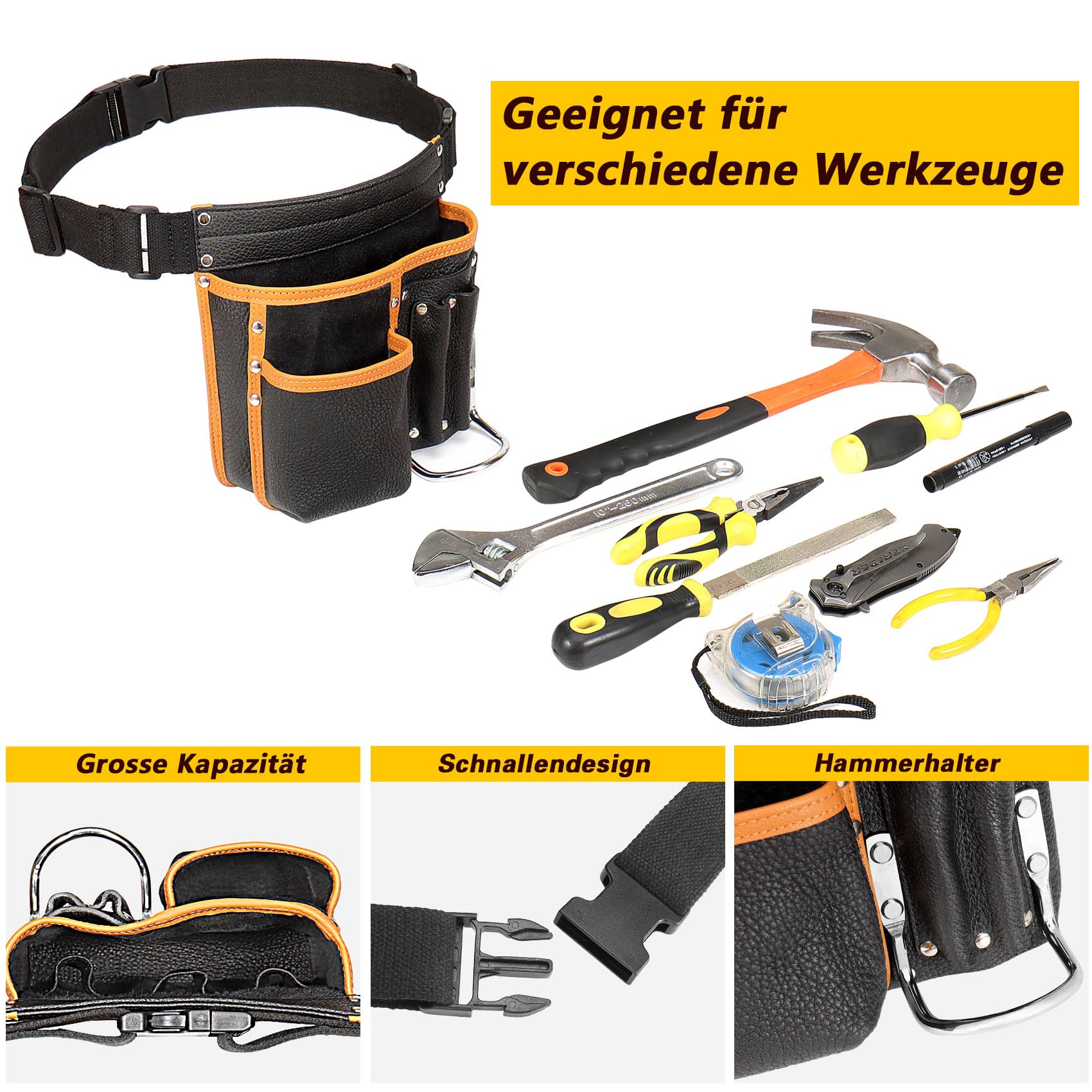 Werkzeuggürtel Herren, Echtes Leder Werkzeug Gürteltasche, Mit verstellbarem Hüftgurt, Werkzeugtasche mit Hammerhalter für Tischler, Gärtner, Rahmenbauer, Dachdecker, Handwerker