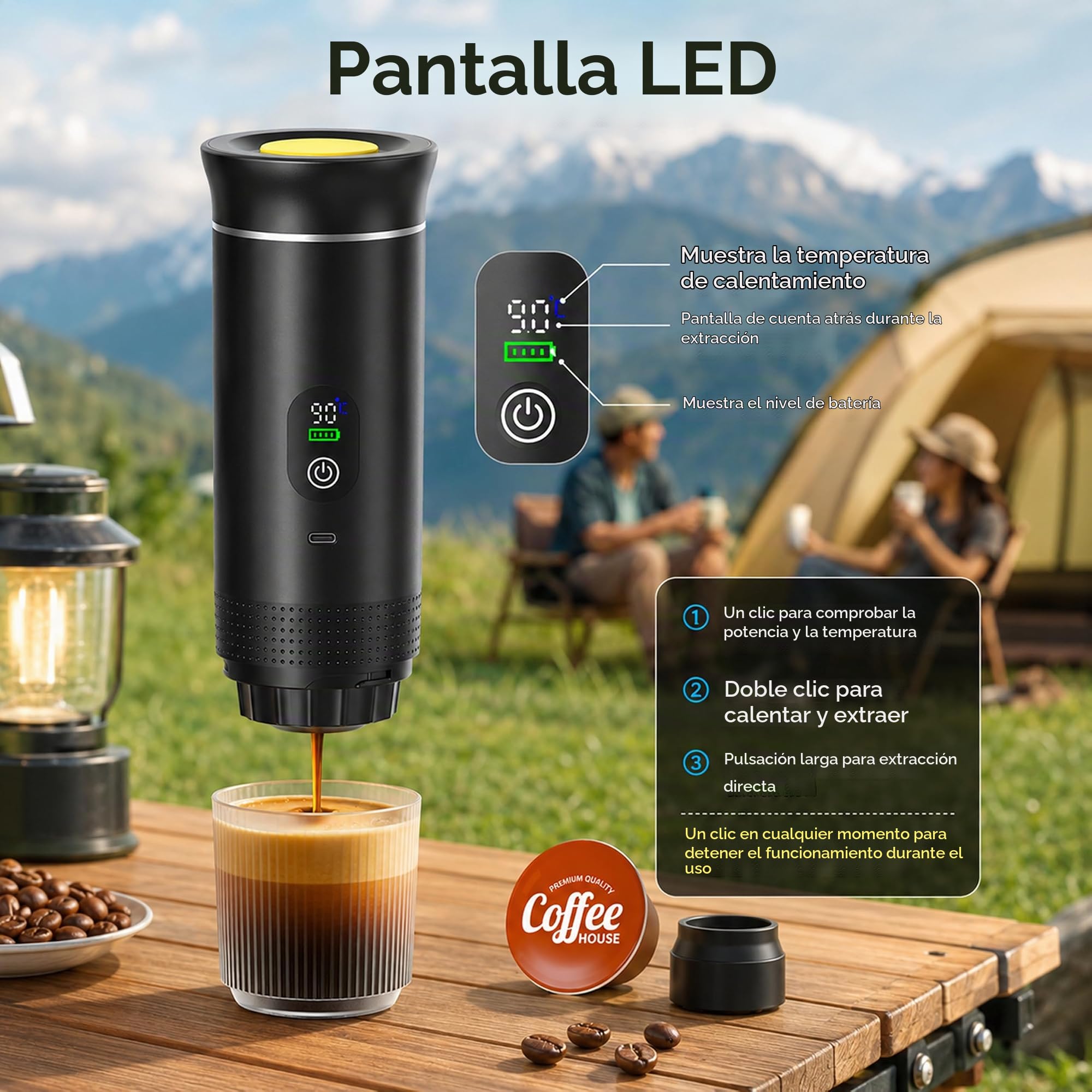 Cafetera portátil eléctrica con pantalla digital, cafetera de viaje compacta, negro