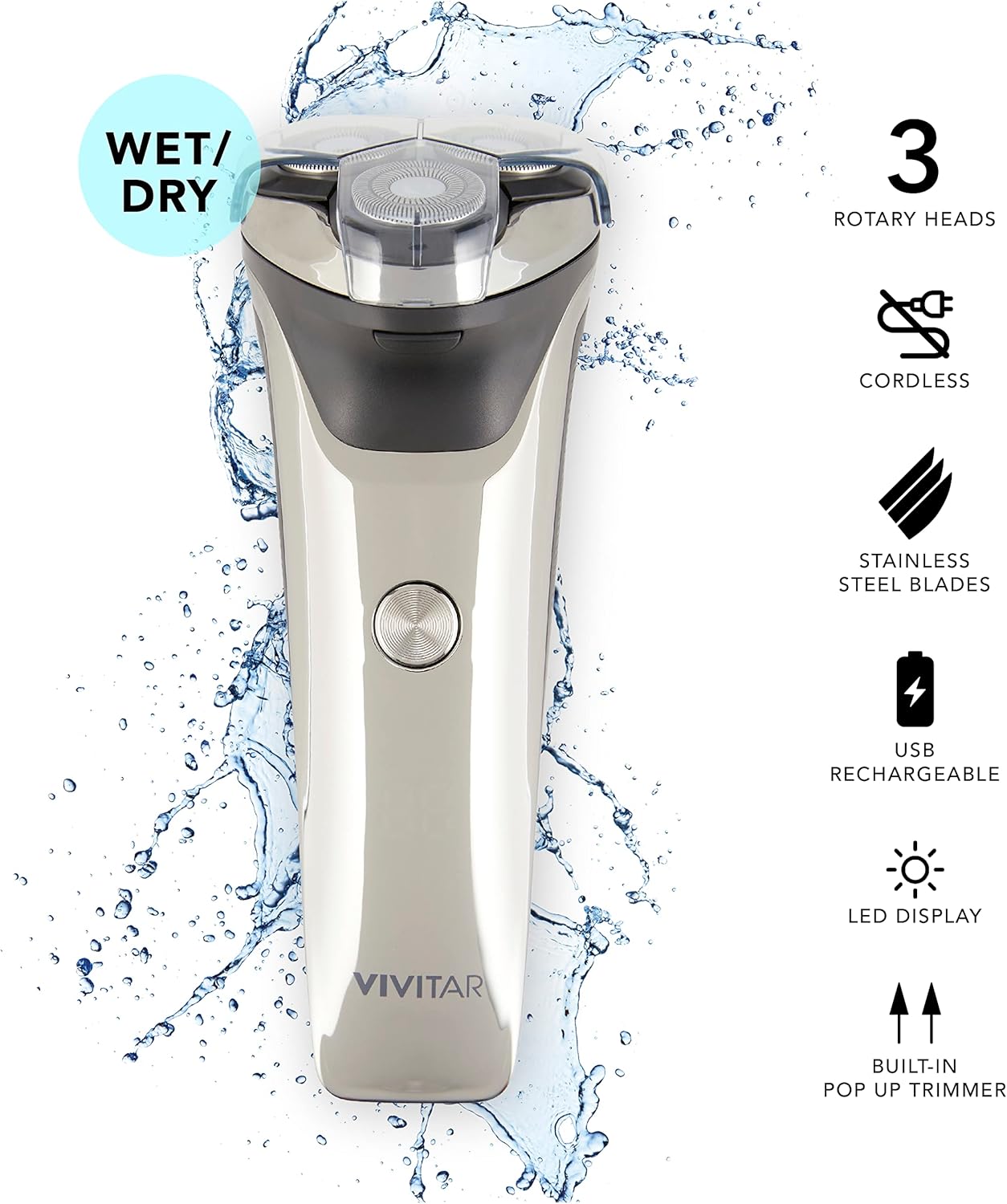 Vivitar Rotary Shaver with features highlighted: Wet/Dry, 3 Rotary Heads, Cordless, Stainless Steel Blades, USB Rechargeable, LED Display, Built-in Pop Up Trimmer